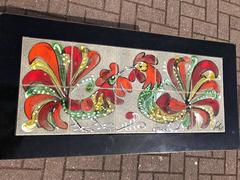 Rare Italian Brass & Tile Coffee or Cocktail Table with Hand-Painted Cock fight