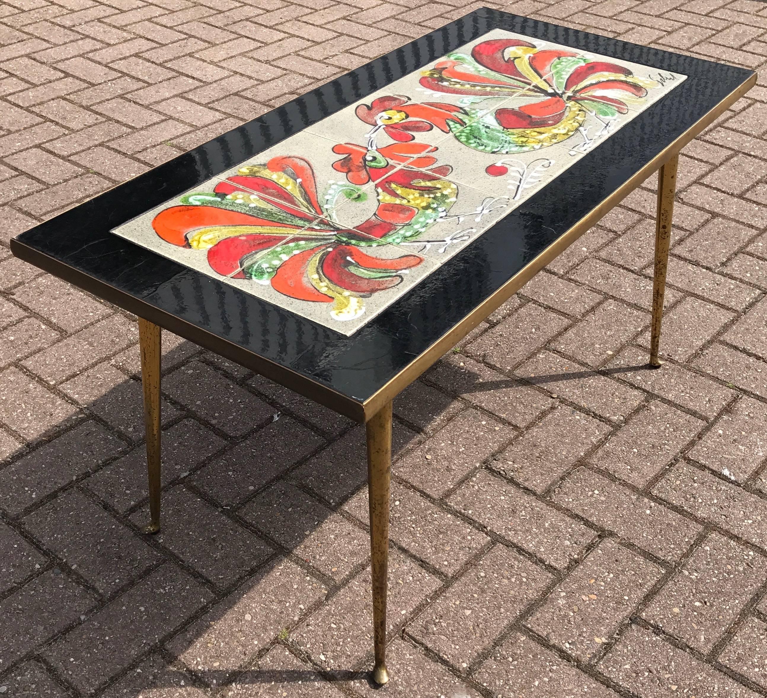 20th Century Rare Italian Brass & Tile Coffee or Cocktail Table with Hand-Painted Cock fight