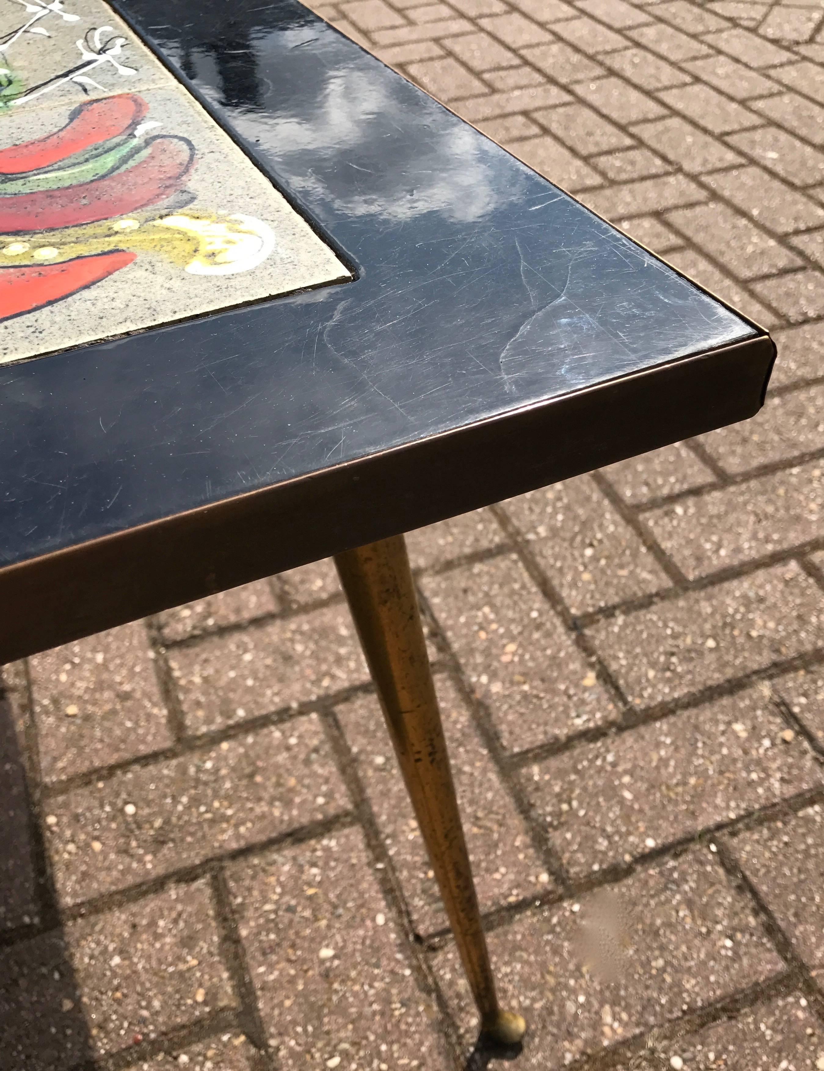Rare Italian Brass & Tile Coffee or Cocktail Table with Hand-Painted Cock fight 1