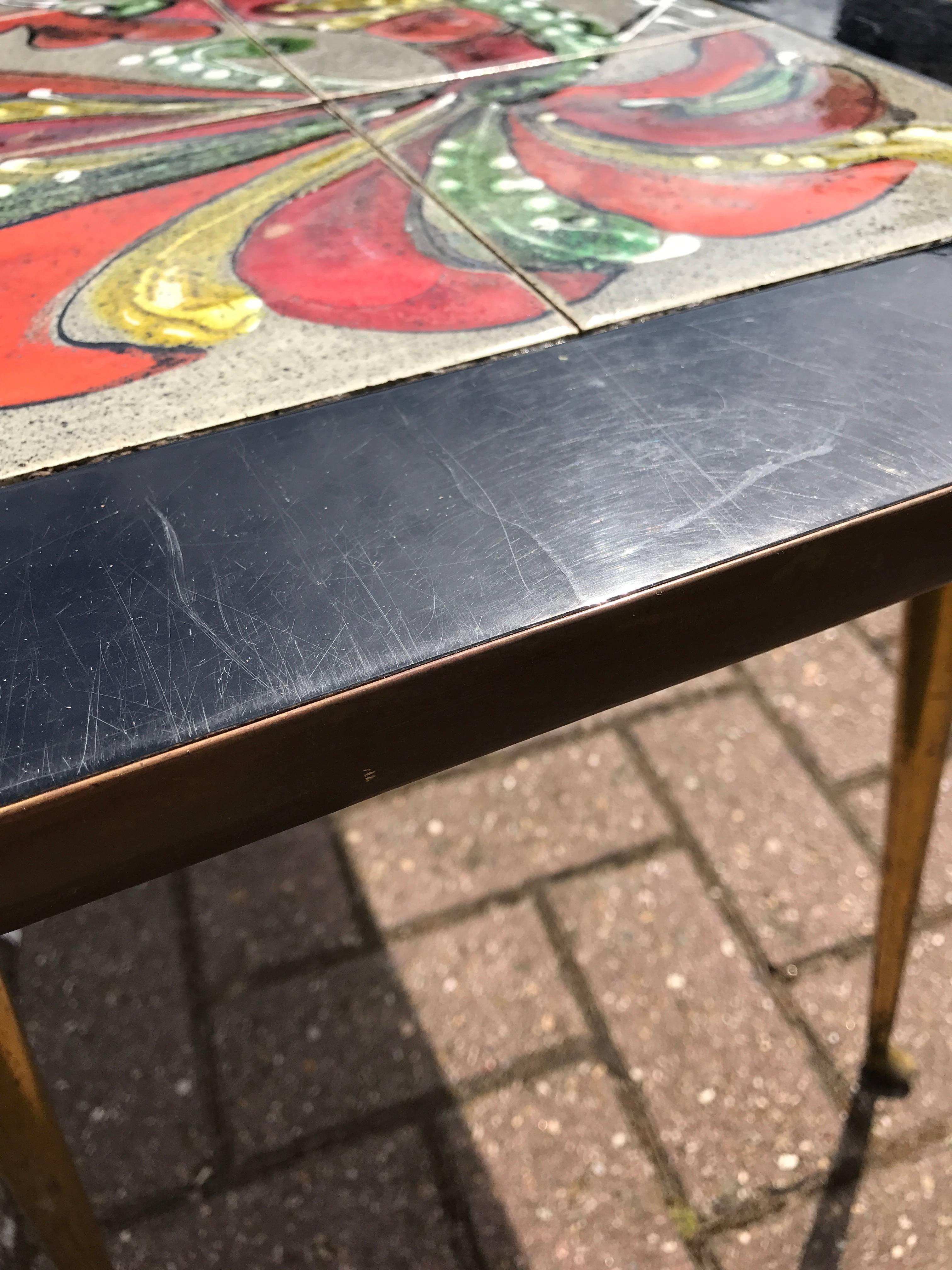 Rare Italian Brass & Tile Coffee or Cocktail Table with Hand-Painted Cock fight 2