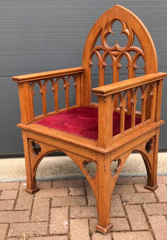 Antique and Unique Quality Carved Gothic Revival Oak Armchair Church