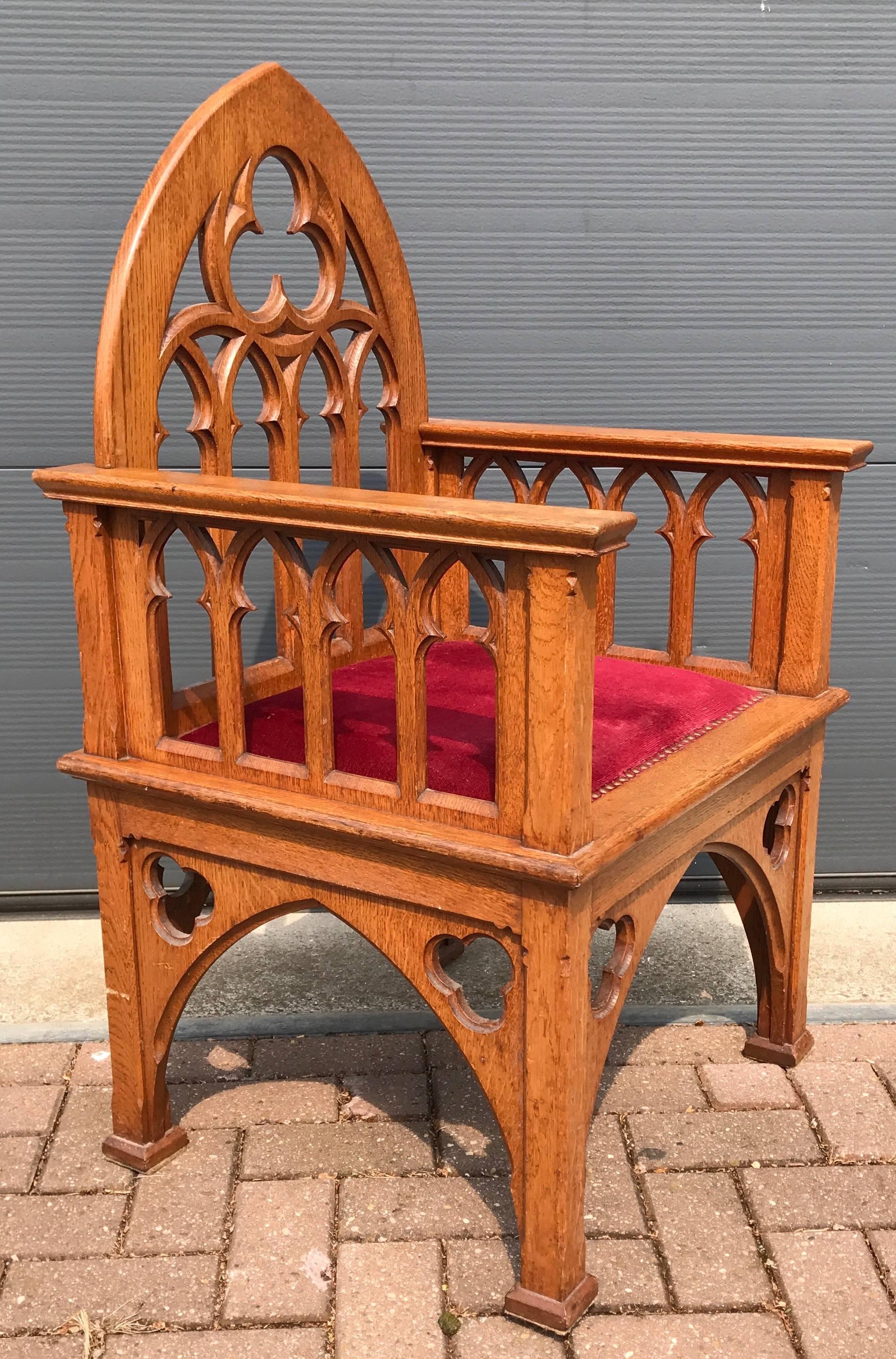 Stunning hand-crafted Gothic chair from, circa 1900. 

This rare (and possibly unique) Gothic Revival church chair is as stabile as the day it was made and the woodwork is in good to excellent condition. The solid oak frame comes with different