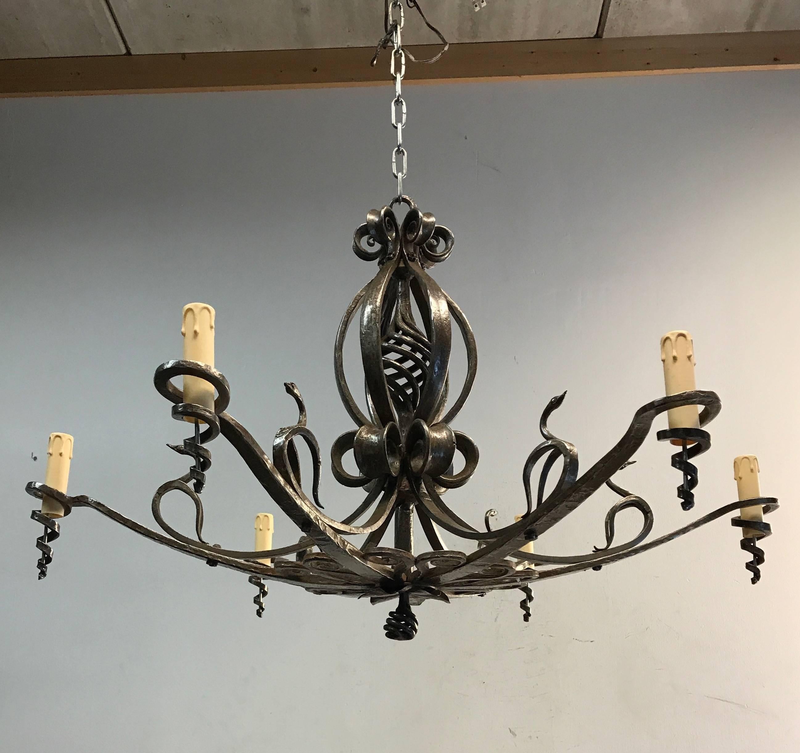 Arts and Crafts Wrought Iron Chandelier or Pendant with Stylized Swan Sculptures In Excellent Condition For Sale In Lisse, NL