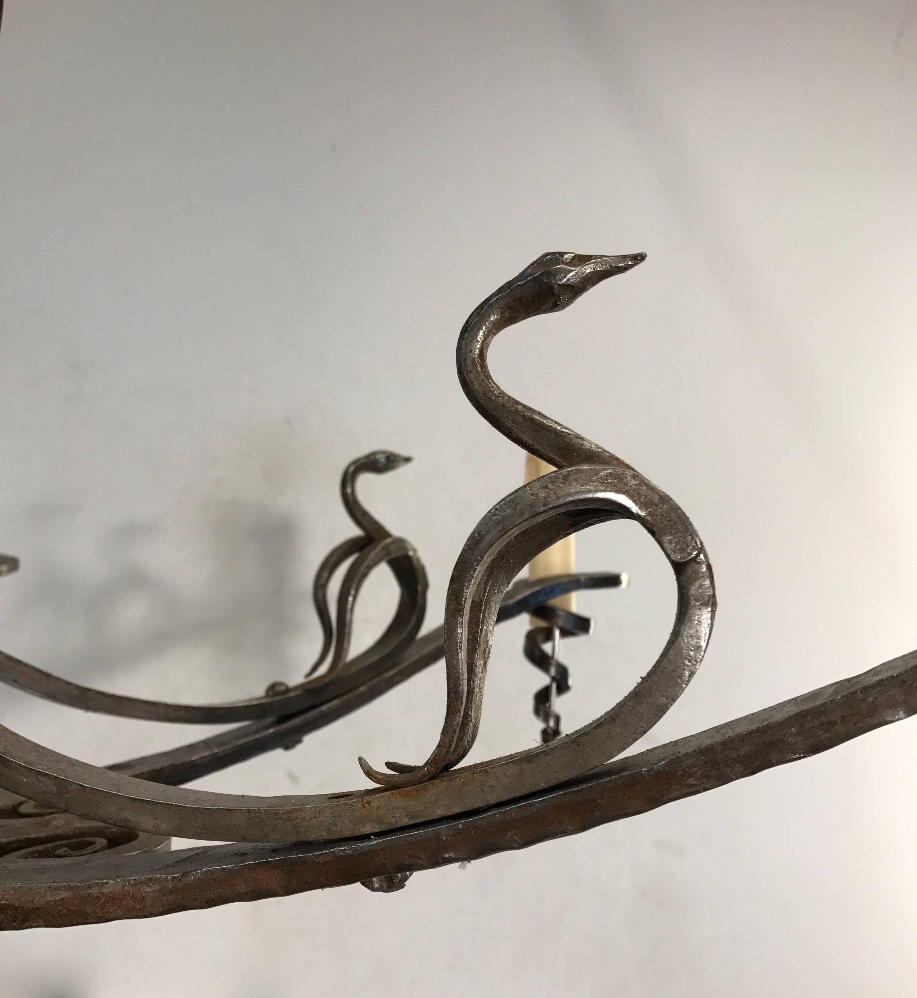 Arts and Crafts Wrought Iron Chandelier or Pendant with Stylized Swan Sculptures For Sale 2