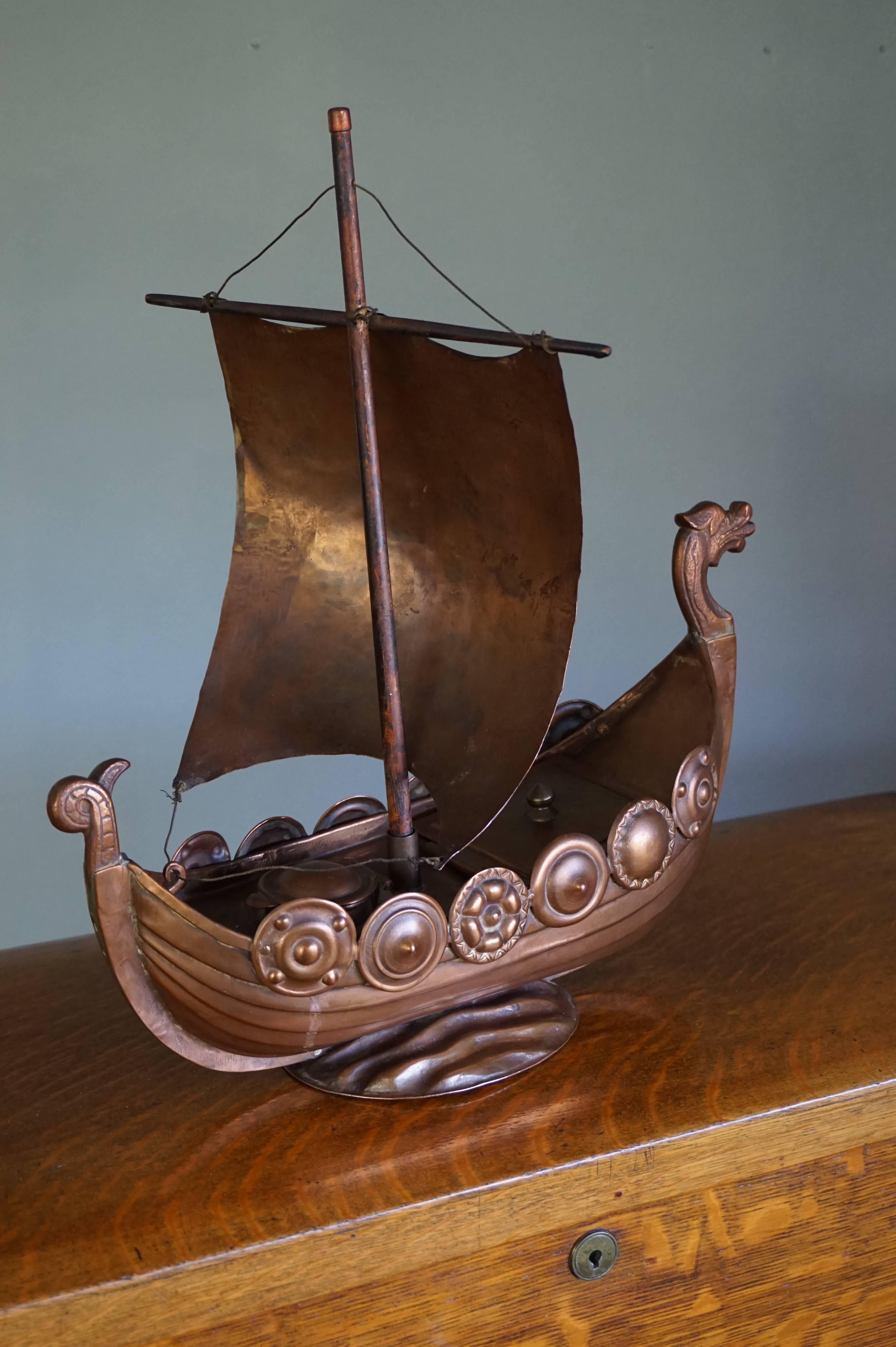 European Unique Folk Art Copper Viking Ship Table Piece with Shields and Boxes on Deck For Sale
