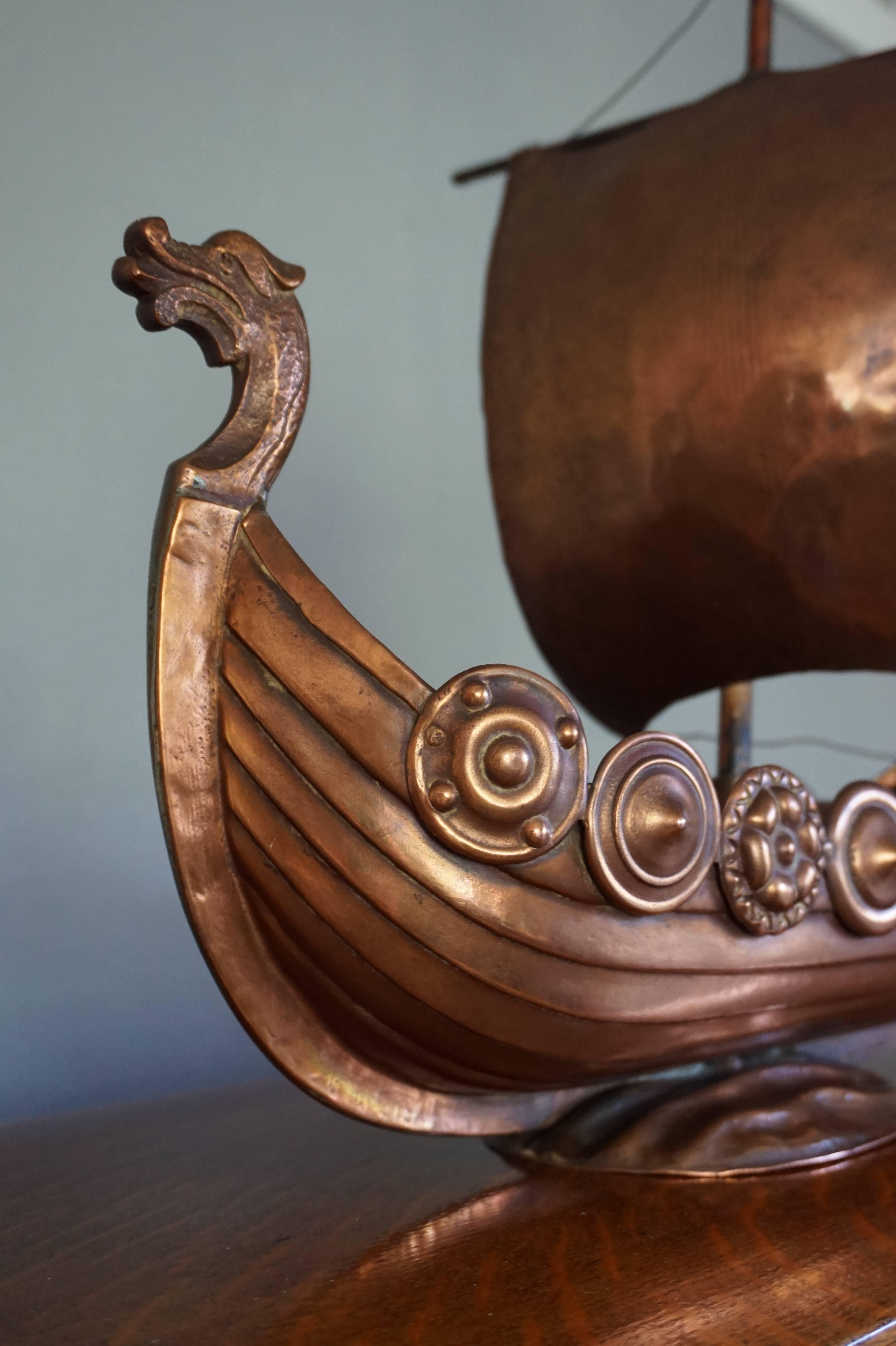 Cast Unique Folk Art Copper Viking Ship Table Piece with Shields and Boxes on Deck For Sale