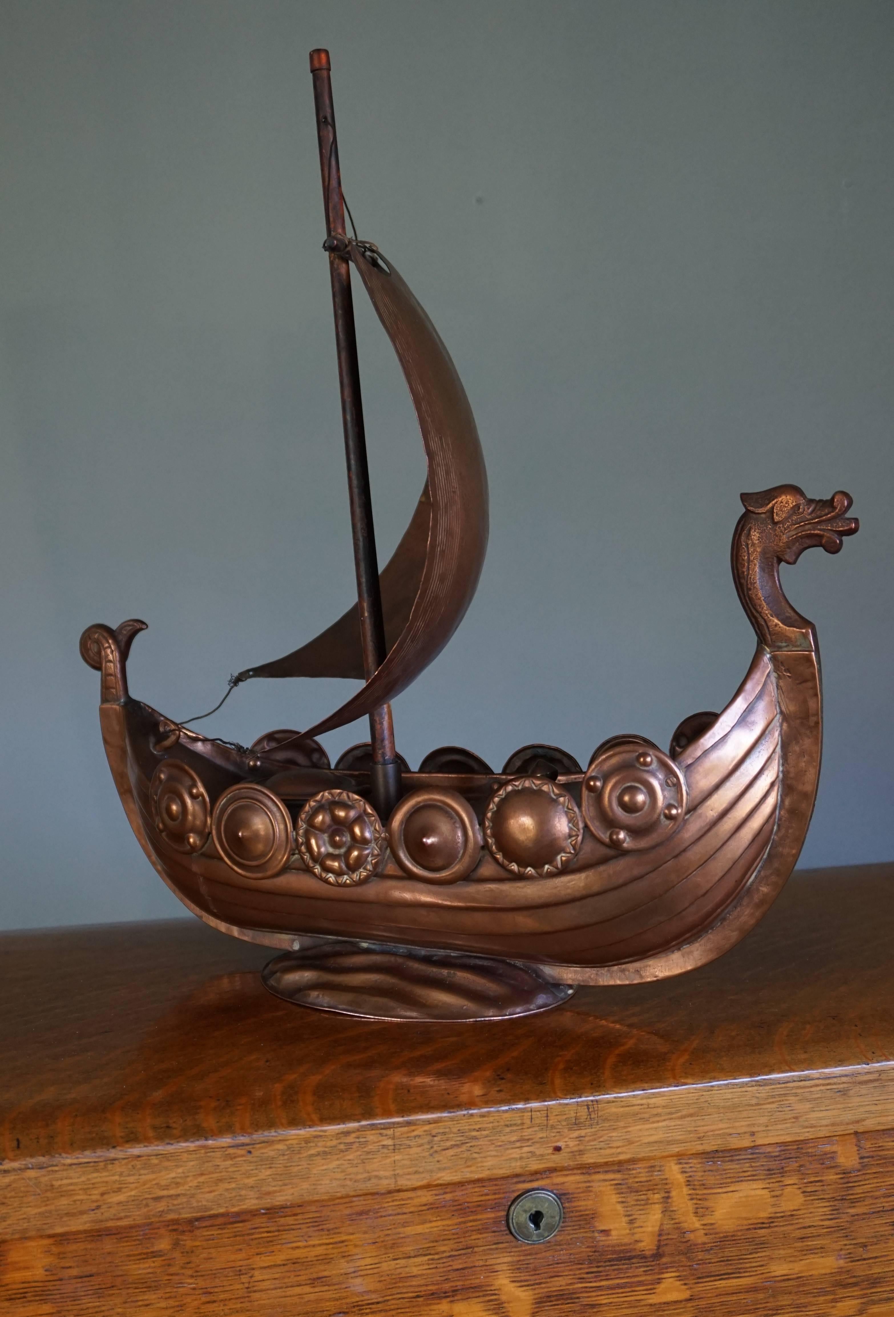 20th Century Unique Folk Art Copper Viking Ship Table Piece with Shields and Boxes on Deck For Sale