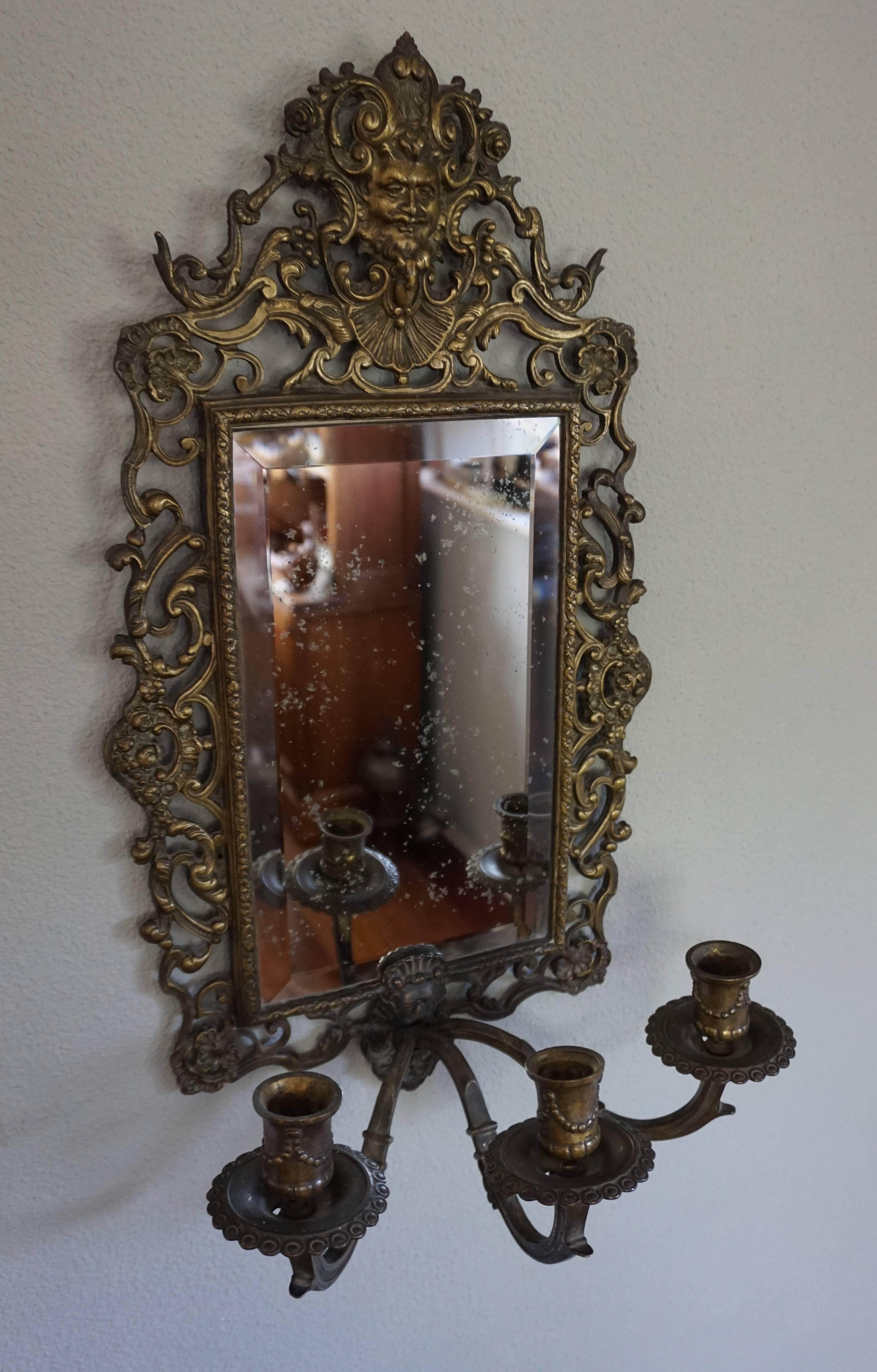 Pair of Renaissance Revival Bronze & Beveled Mirror Wall Sconces and Candelabras In Excellent Condition In Lisse, NL