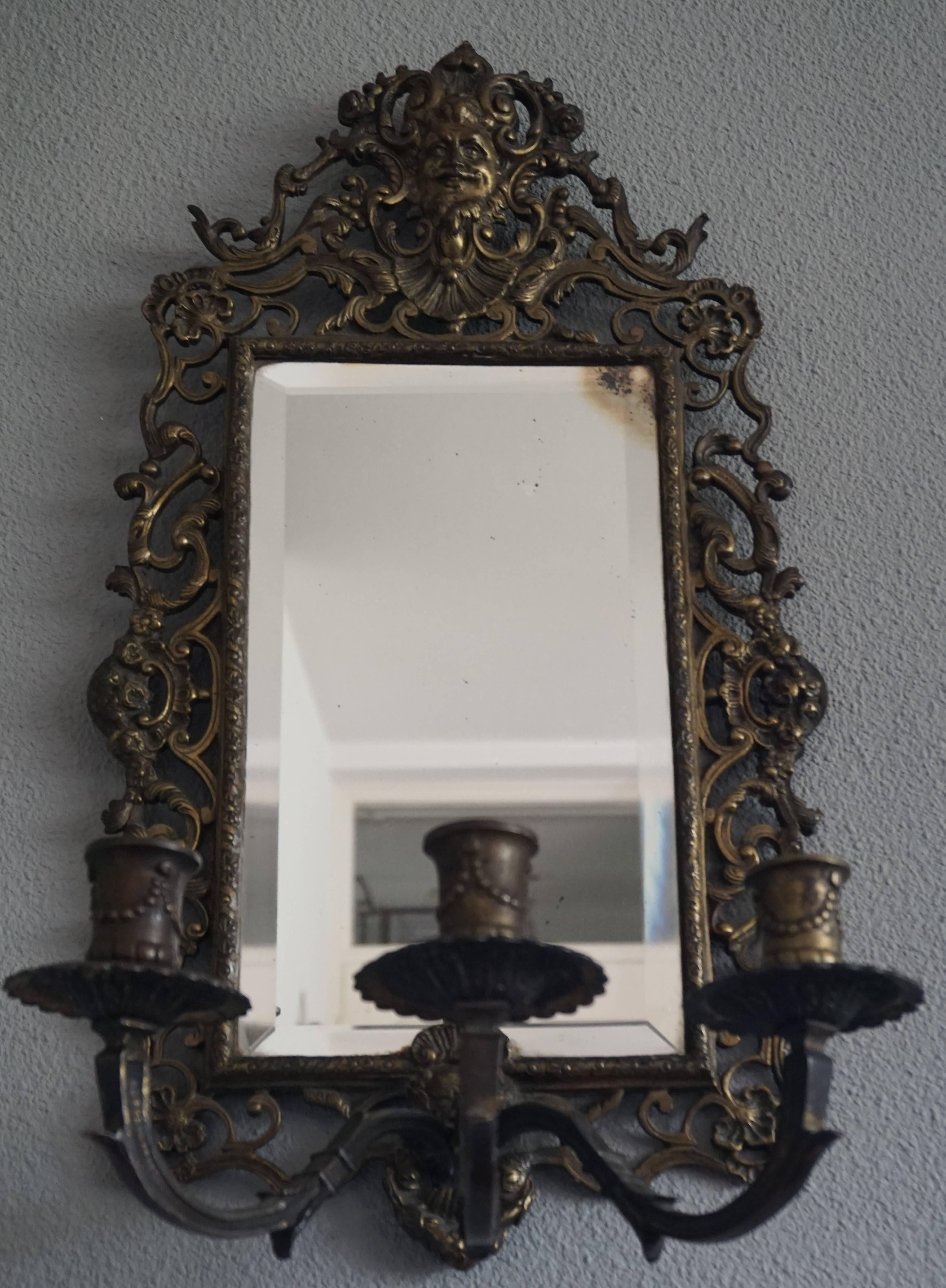 Pair of Renaissance Revival Bronze & Beveled Mirror Wall Sconces and Candelabras 1