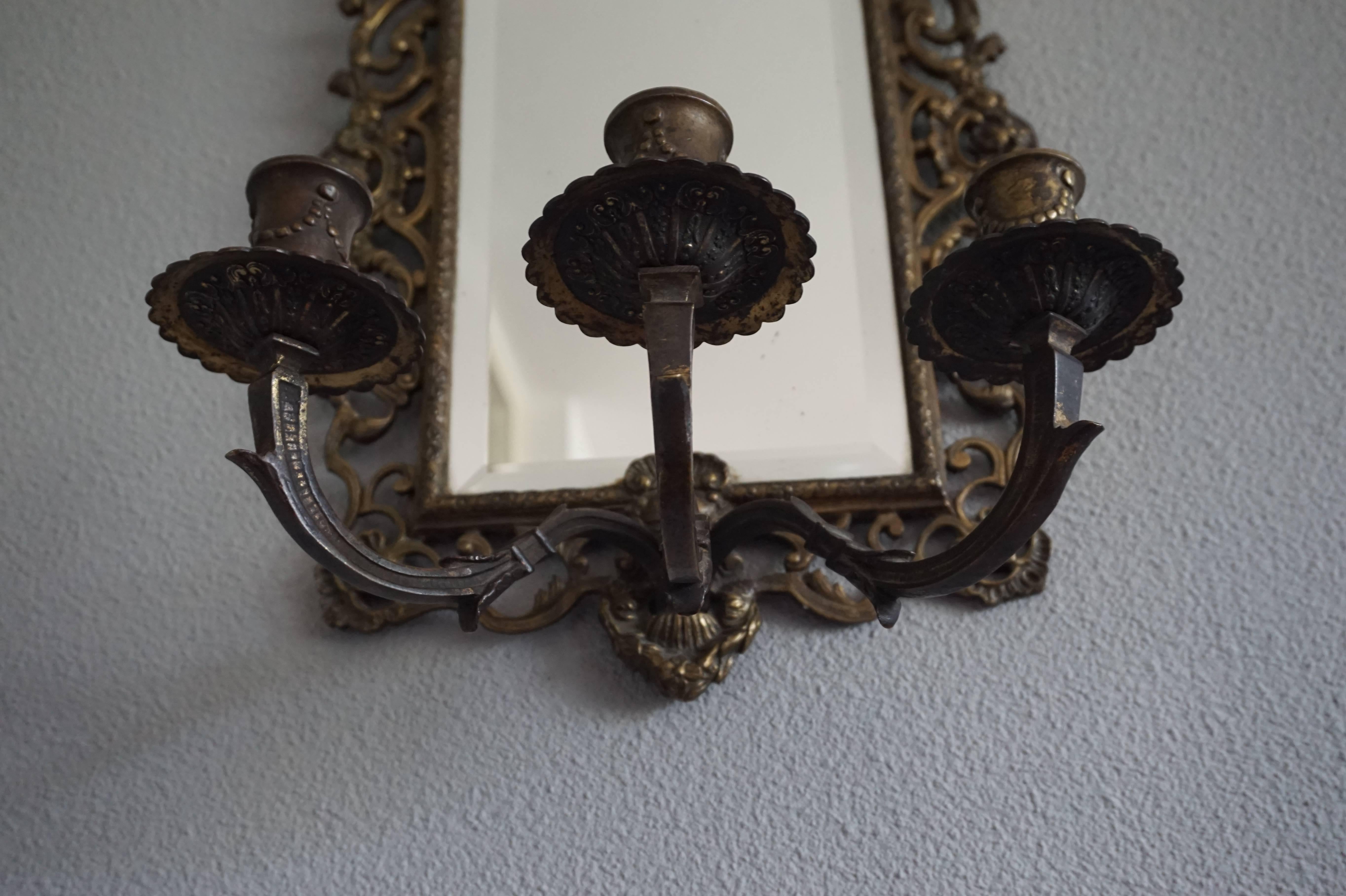 Pair of Renaissance Revival Bronze & Beveled Mirror Wall Sconces and Candelabras 2