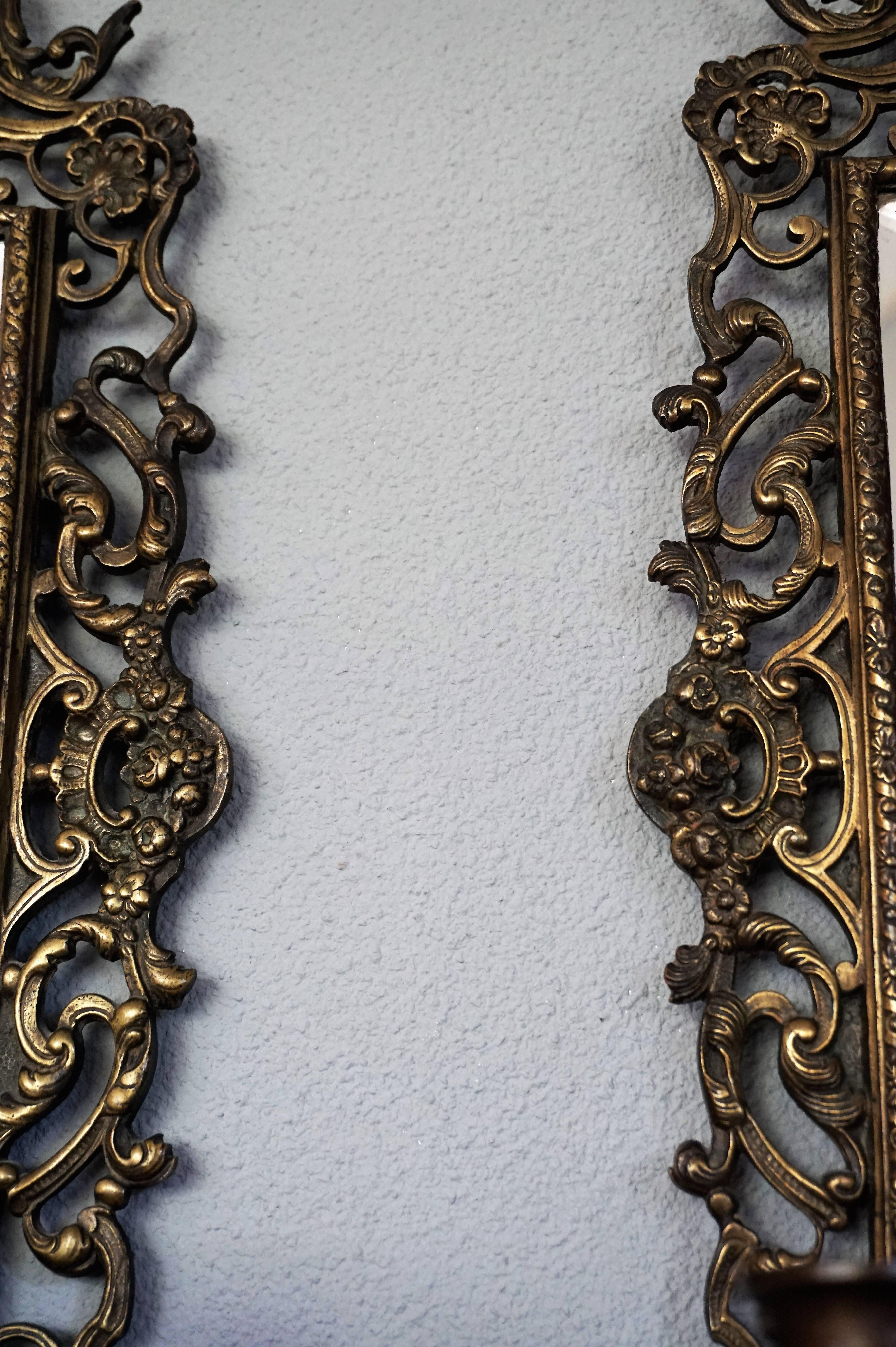 Pair of Renaissance Revival Bronze & Beveled Mirror Wall Sconces and Candelabras 4