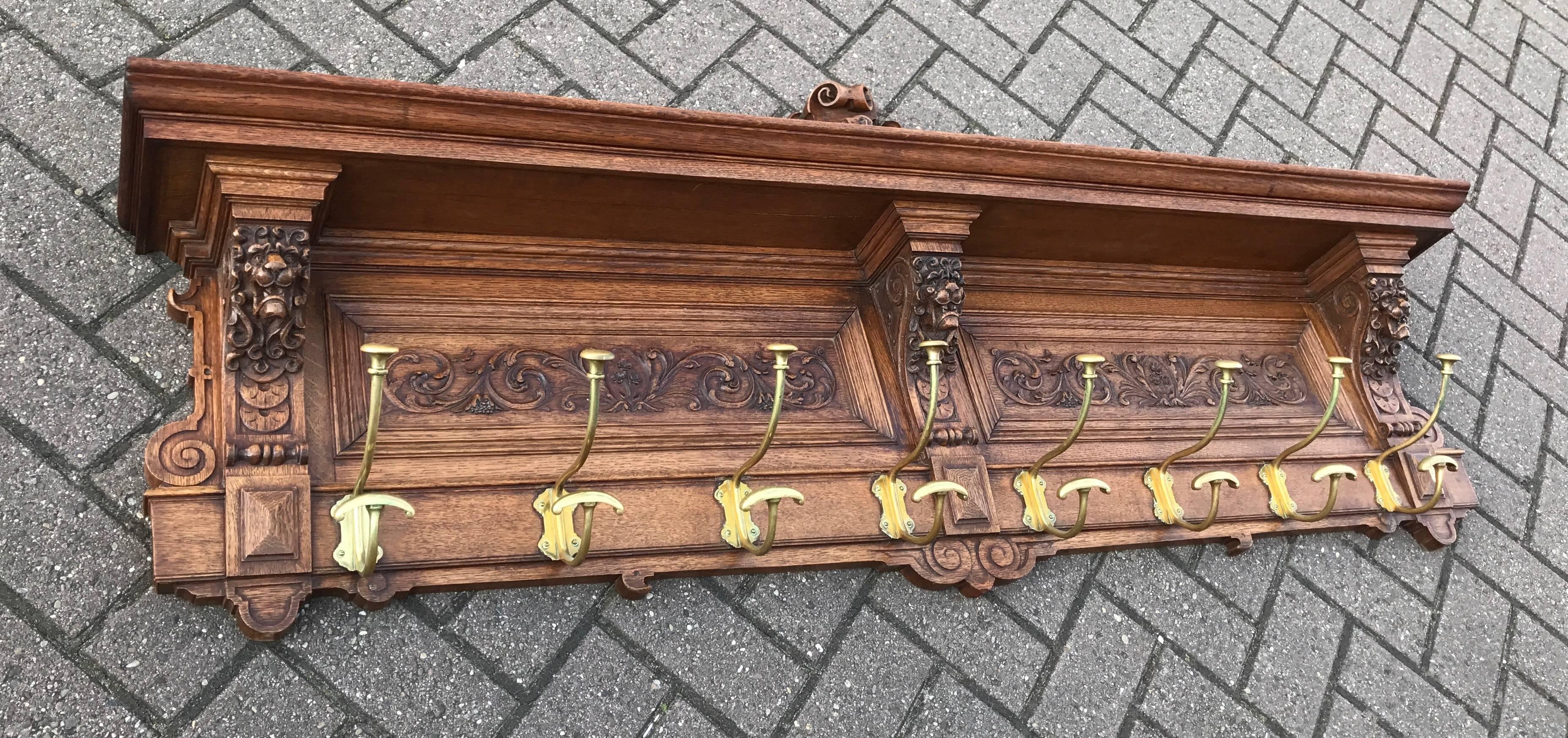Large and stunning, solid oak coat rack with very impressive carvings.

We all know how important first impressions are and with a stunning antique coat rack such as this one, you will never fail to impress anyone entering your home or office. It is
