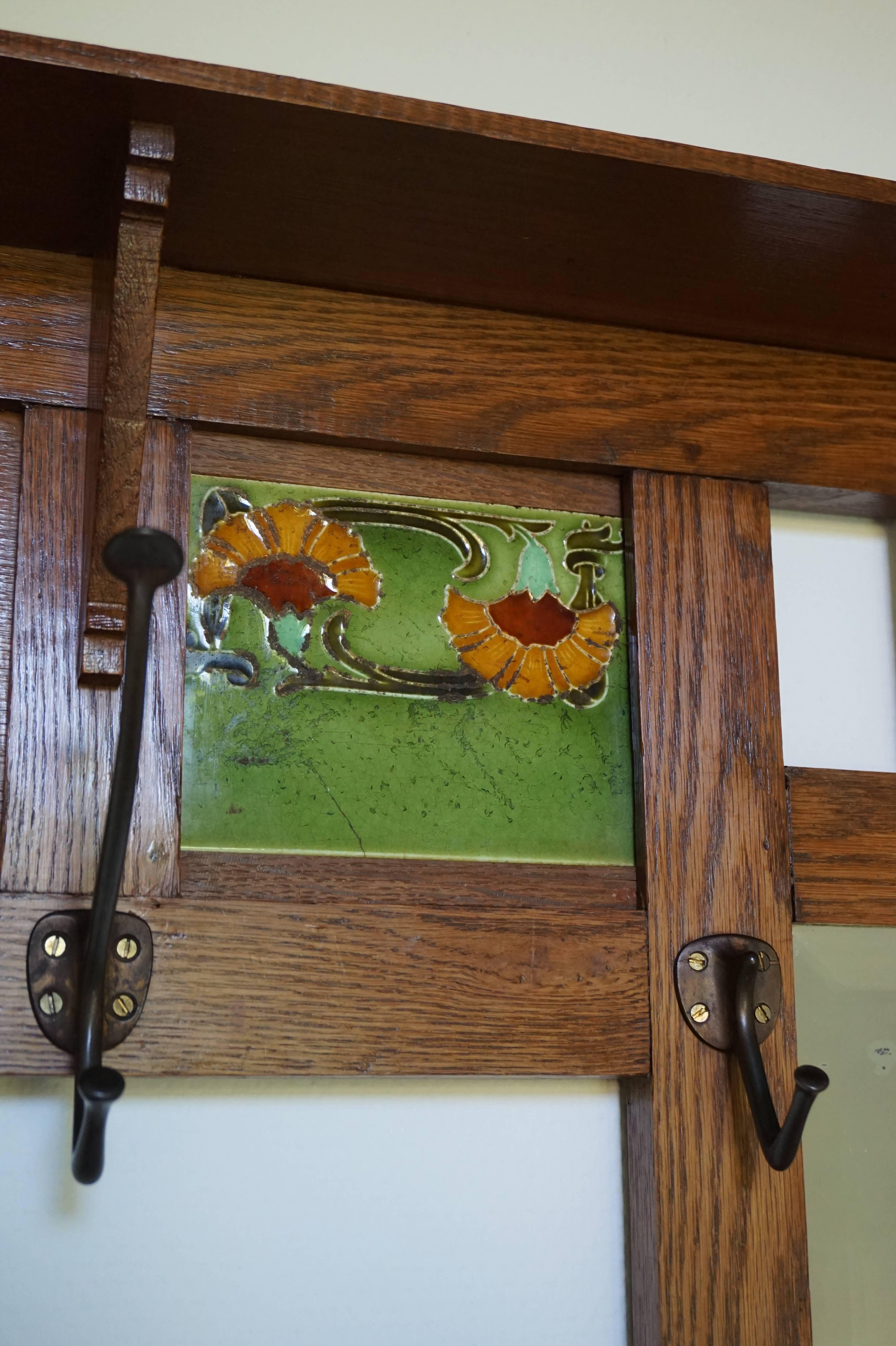 Unique Supersized Arts and Crafts Wall Coat Rack with Majolica Glazed Tiles In Good Condition In Lisse, NL