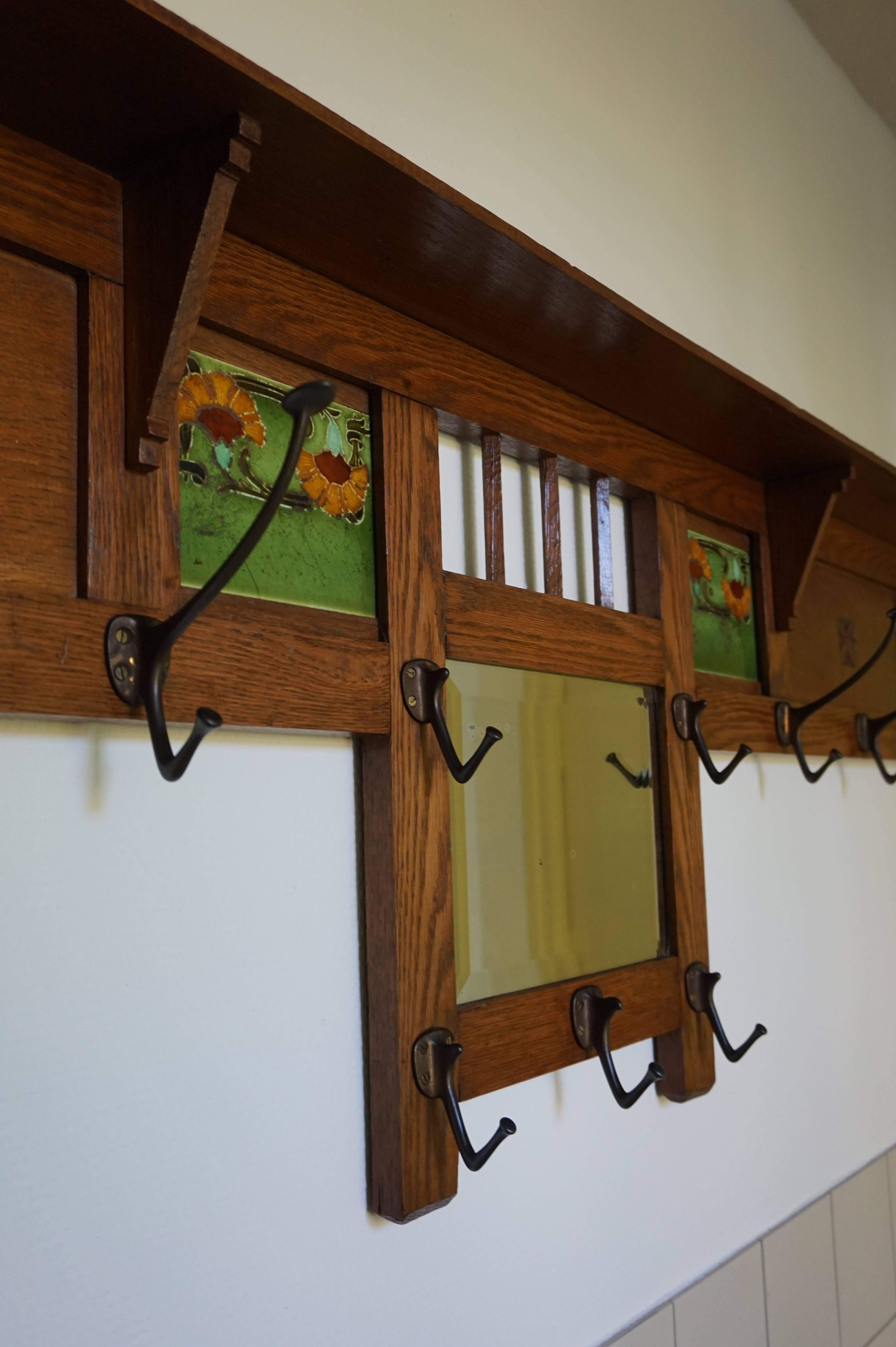 Brass Unique Supersized Arts and Crafts Wall Coat Rack with Majolica Glazed Tiles