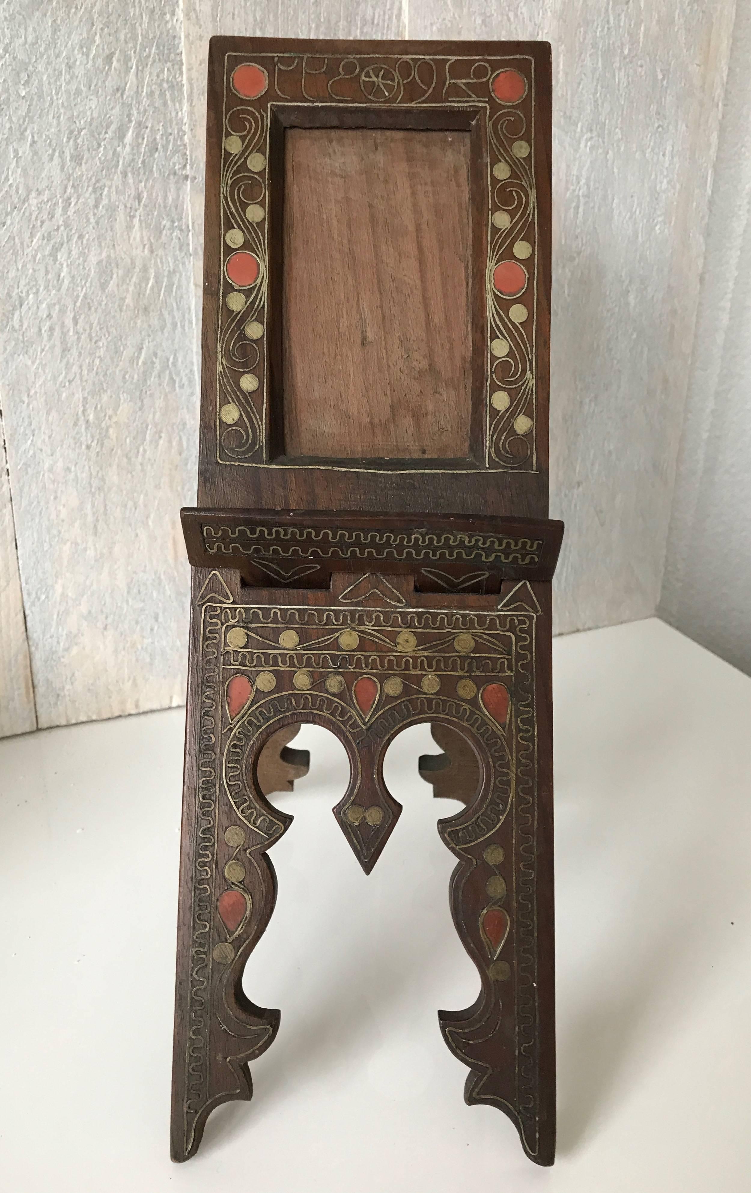 20th Century Arabic Antique Wooden Photo or Picture Frame Easel Inlaid Brass Scrolling Motifs