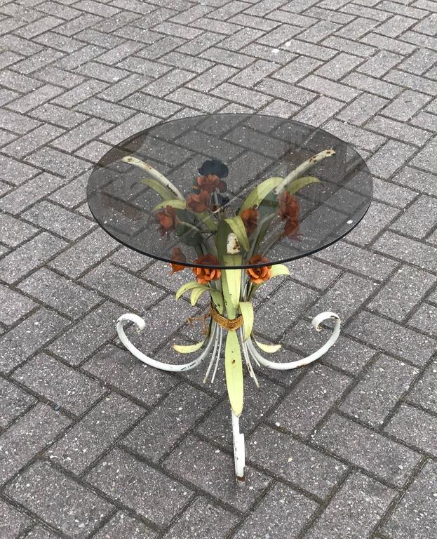 Italian HandPainted Flowers or Roses End Table with a Round Smoked