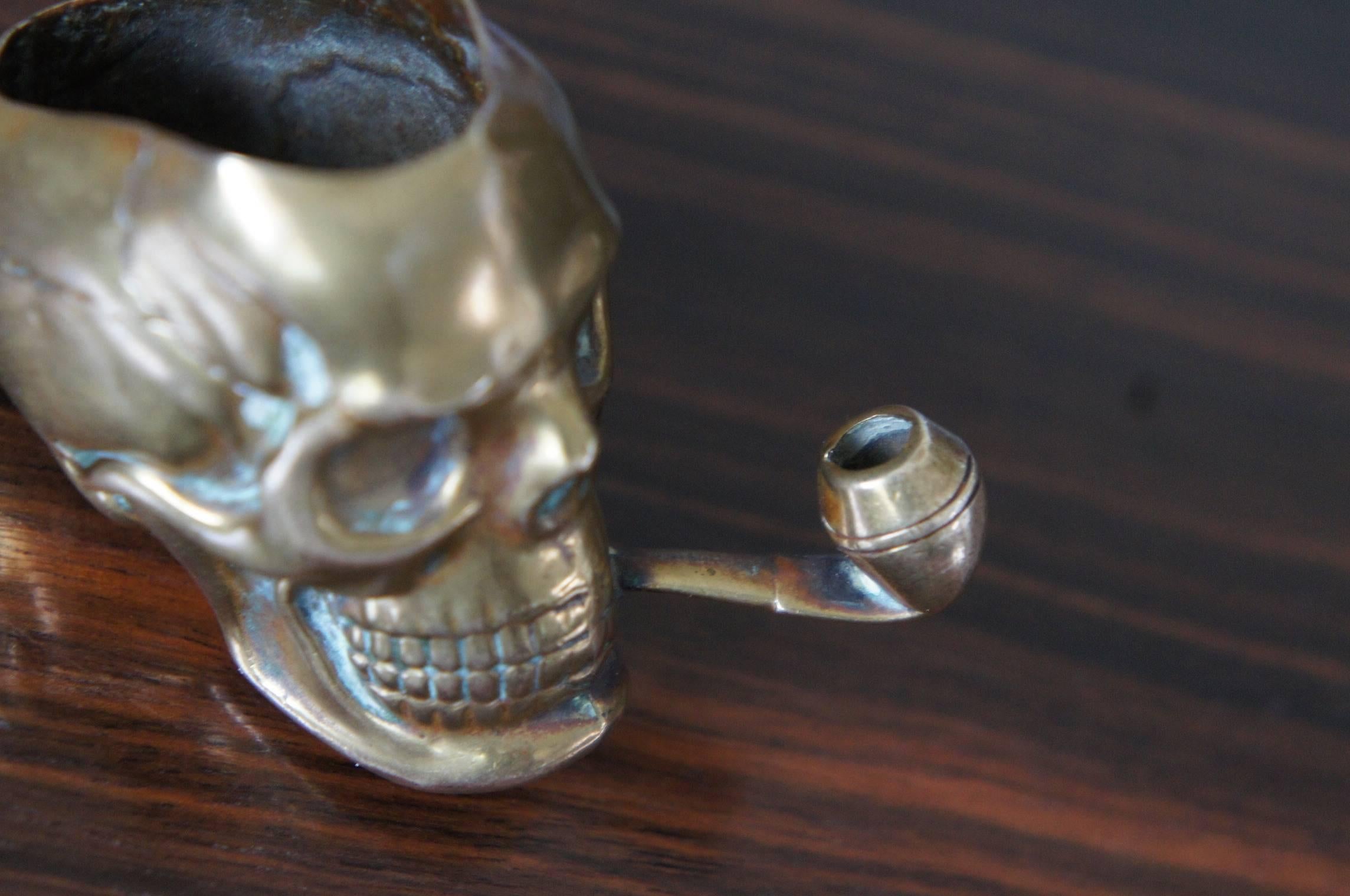 Victorian Stunning Little Antique & Handcrafted Pipe Smoking Skull Vesta Case / Match Box