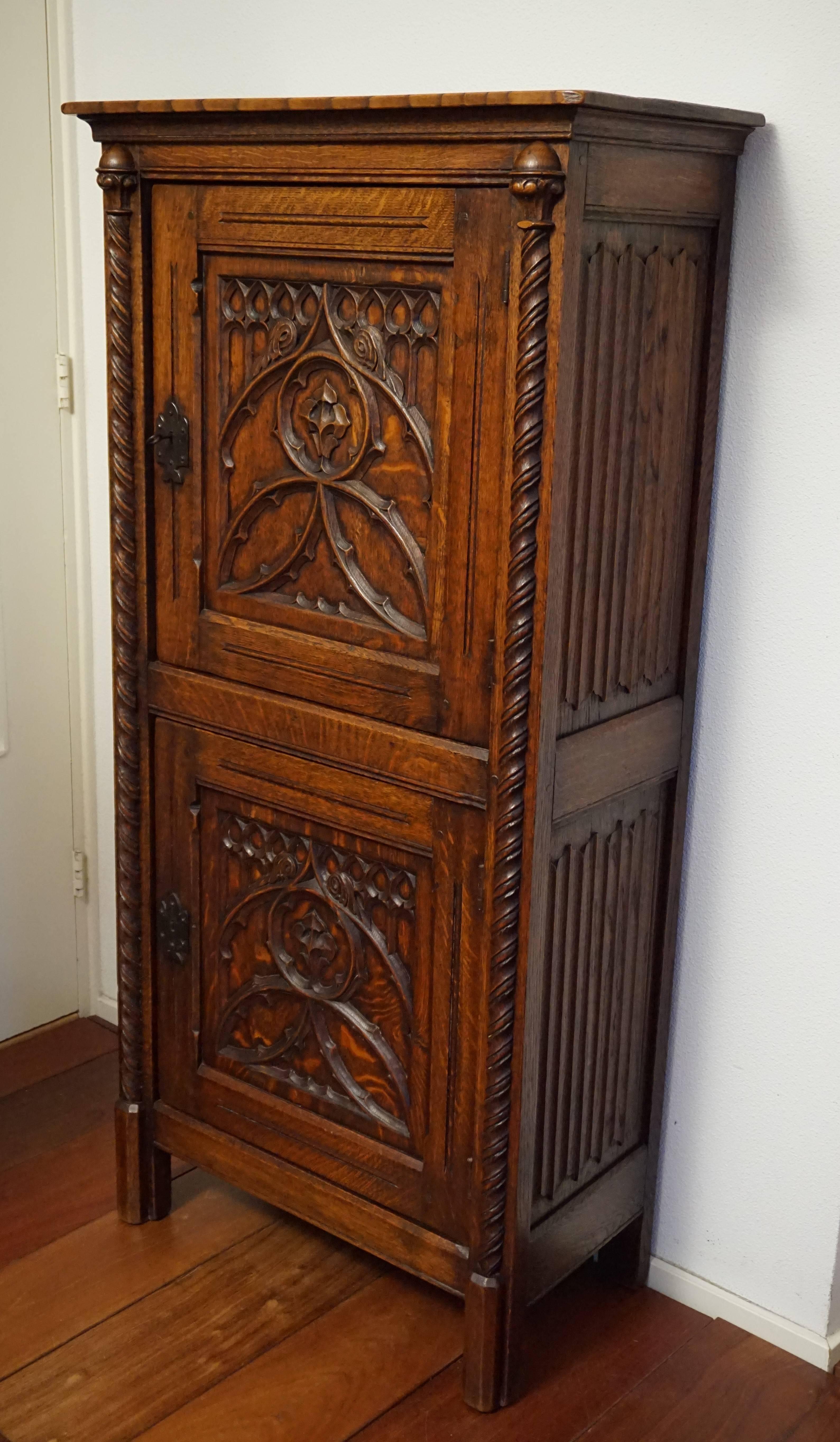 Hand-Carved Gothic Revival Bookcase Carved Antique Cabinet with Wrought Iron Lock Plates