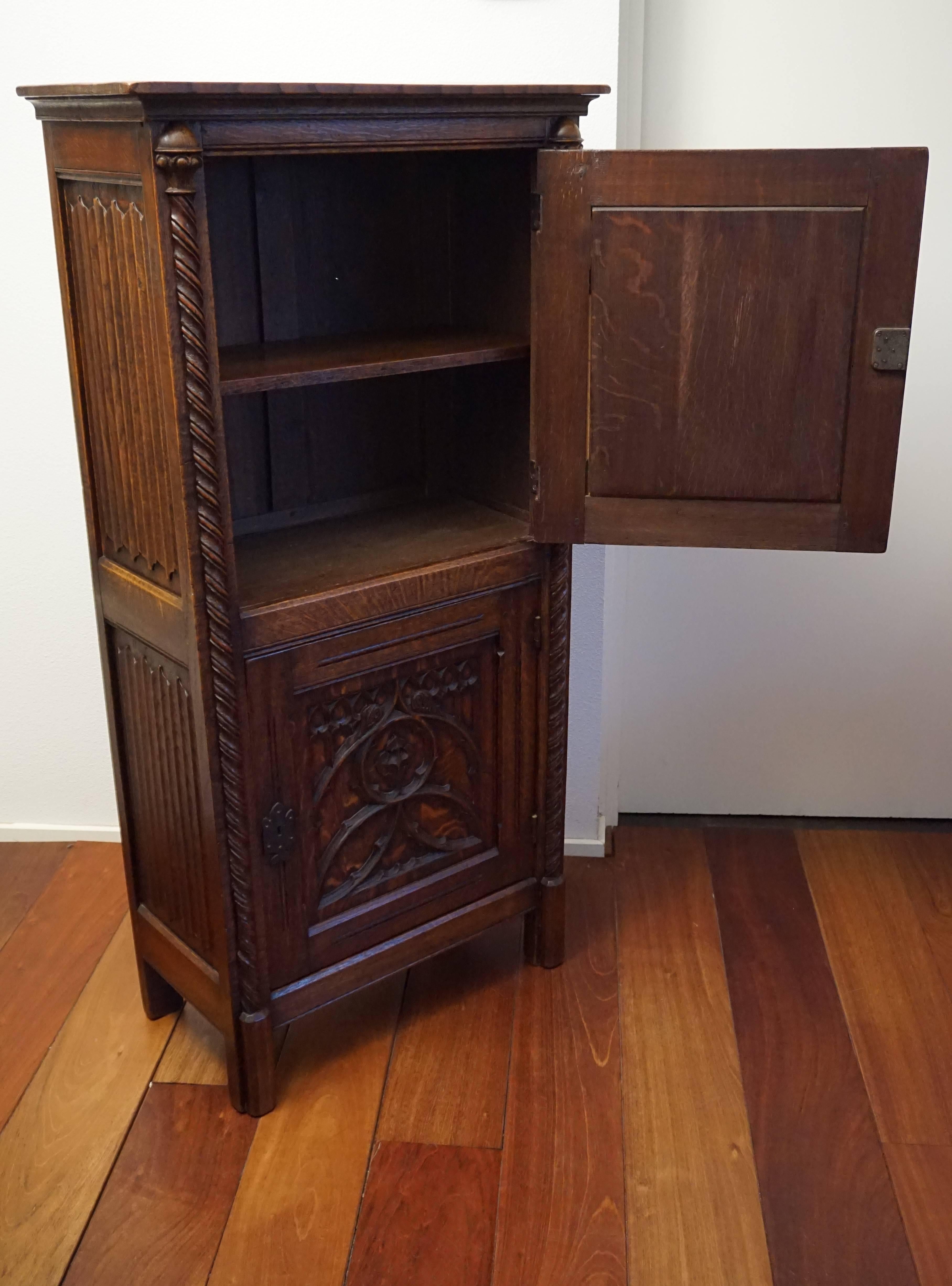 Dutch Gothic Revival Bookcase Carved Antique Cabinet with Wrought Iron Lock Plates