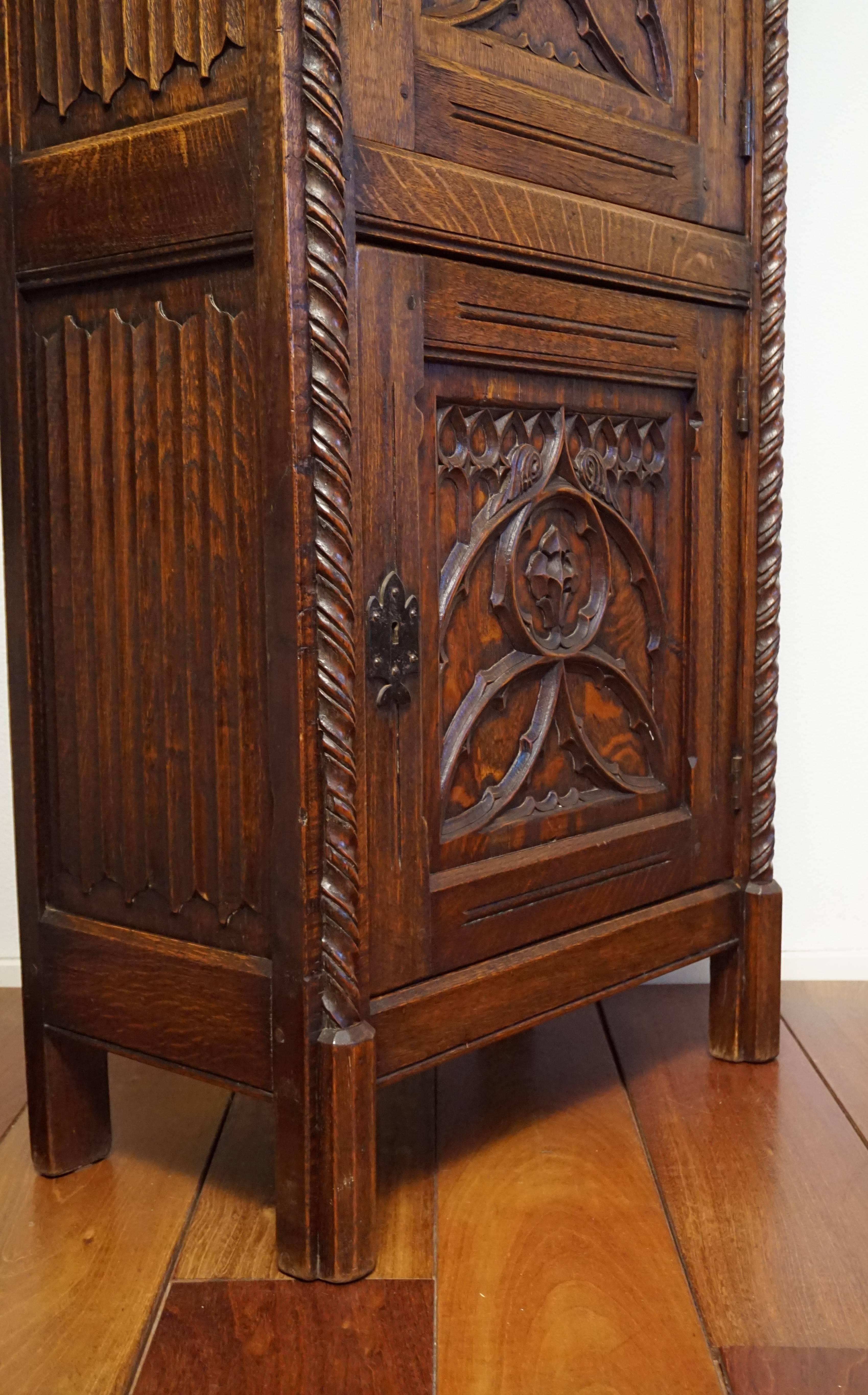 20th Century Gothic Revival Bookcase Carved Antique Cabinet with Wrought Iron Lock Plates