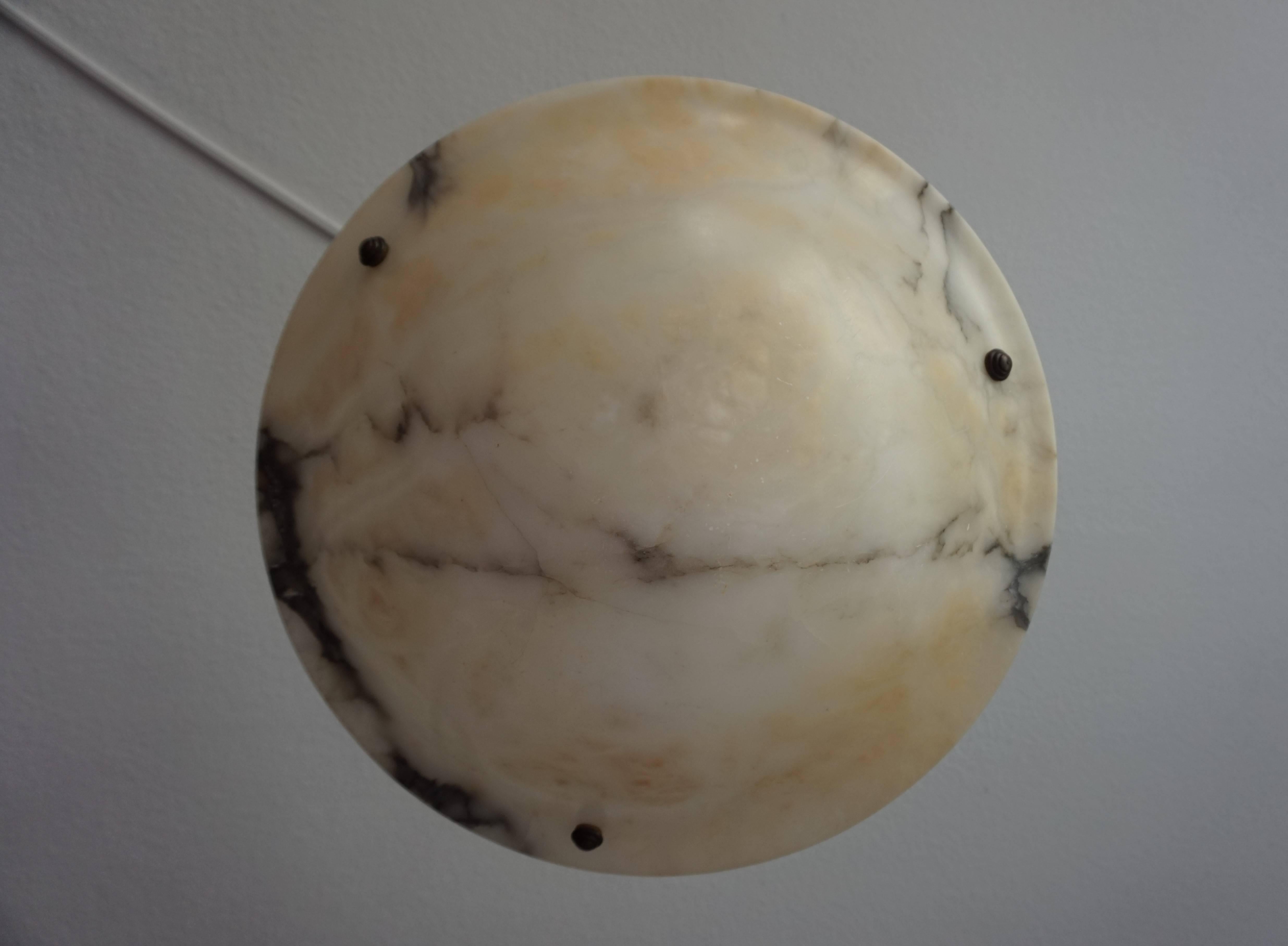 European Large & Beautiful Shape Antique Alabaster Pendant Light w. Brass Chains & Canopy