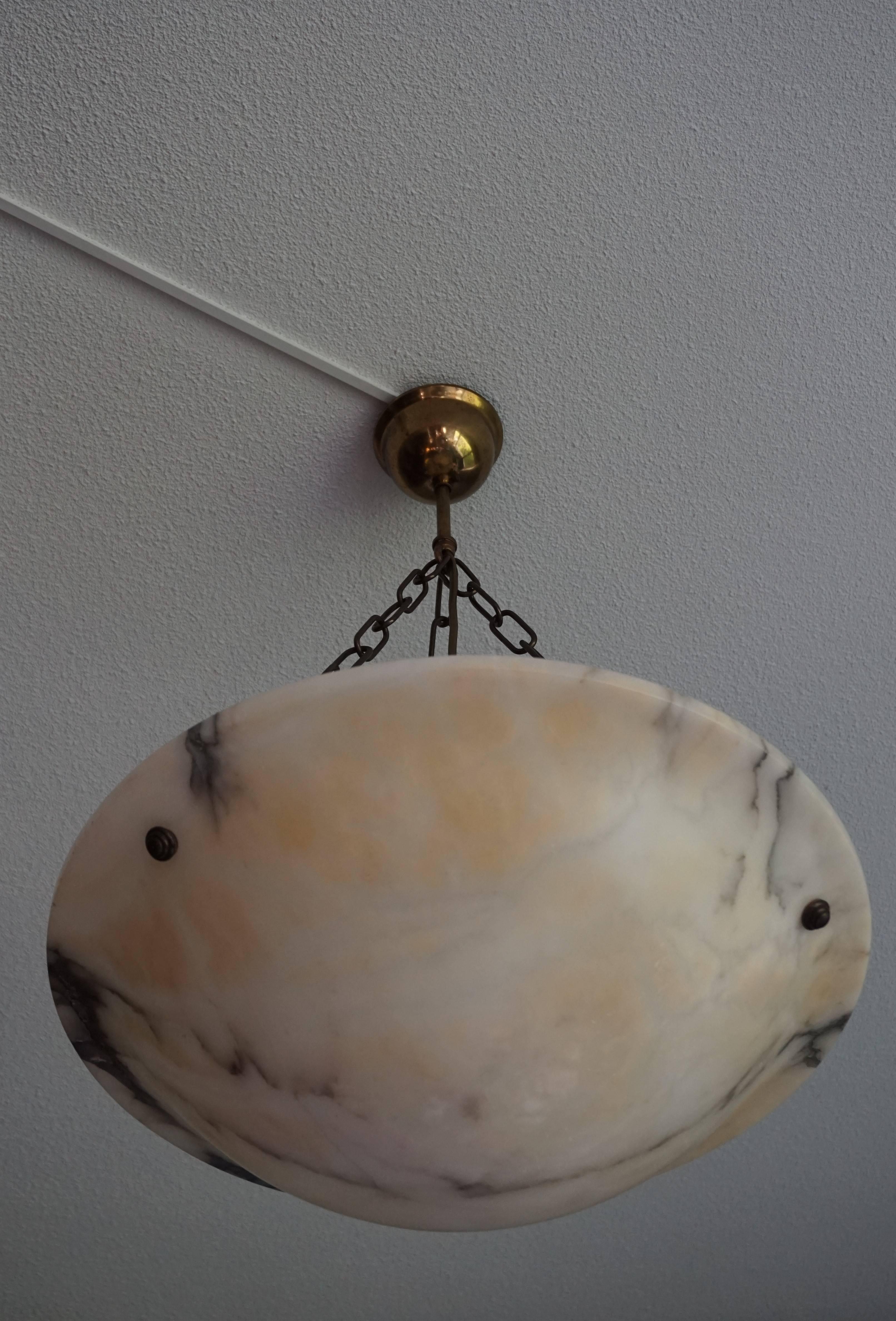 20th Century Large & Beautiful Shape Antique Alabaster Pendant Light w. Brass Chains & Canopy