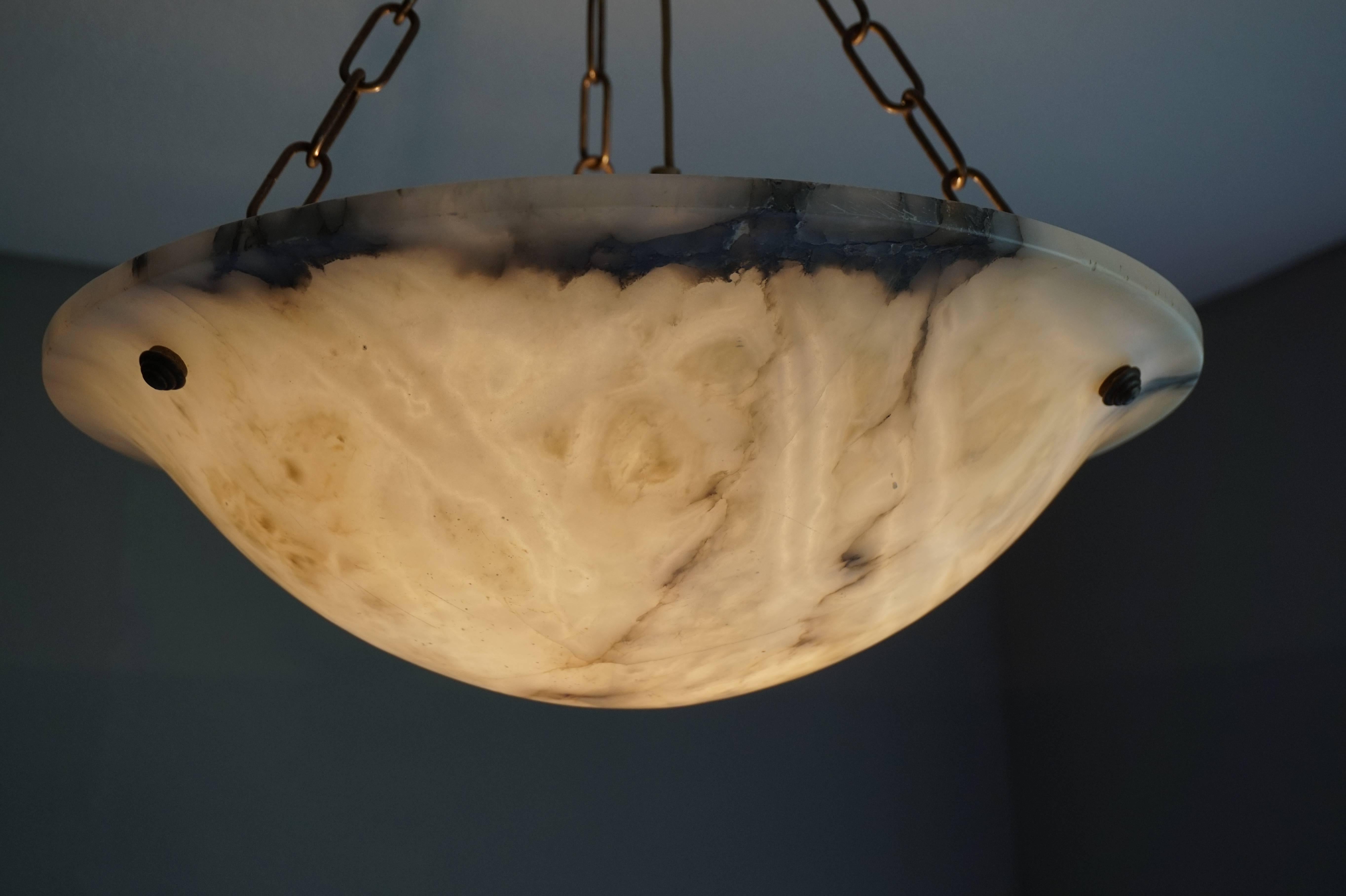 Large & Beautiful Shape Antique Alabaster Pendant Light w. Brass Chains & Canopy 1