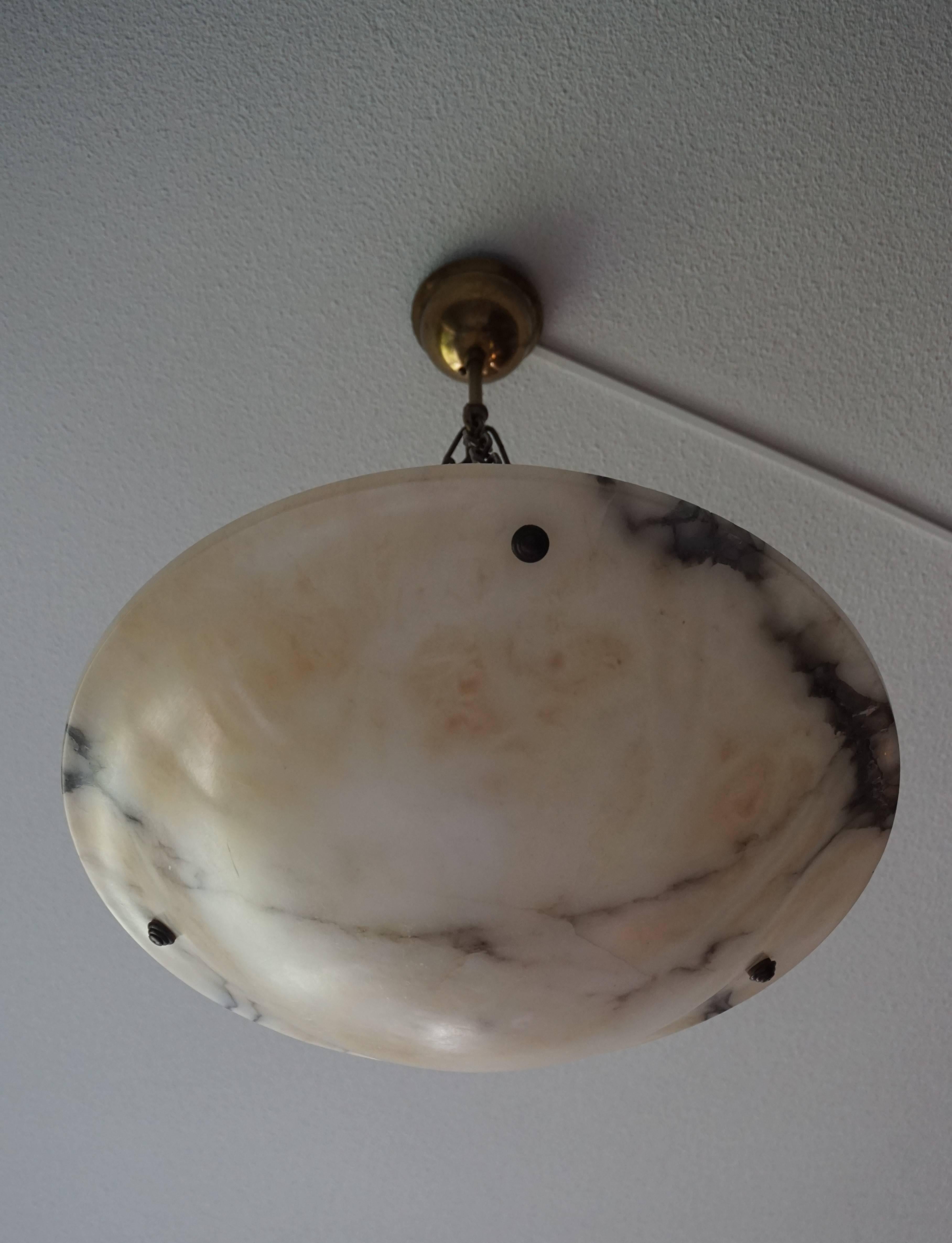 Large & Beautiful Shape Antique Alabaster Pendant Light w. Brass Chains & Canopy 2