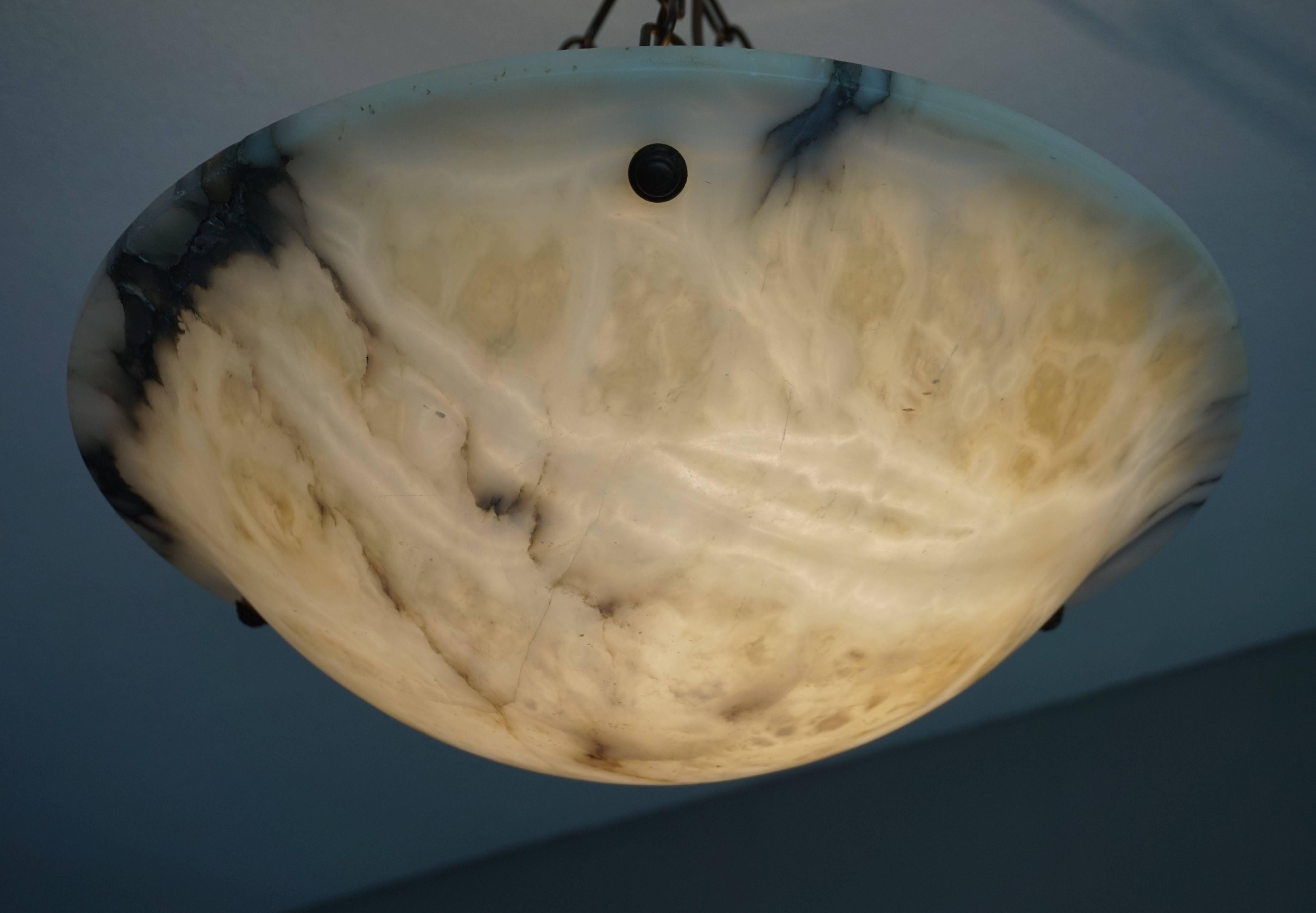 Large & Beautiful Shape Antique Alabaster Pendant Light w. Brass Chains & Canopy 5