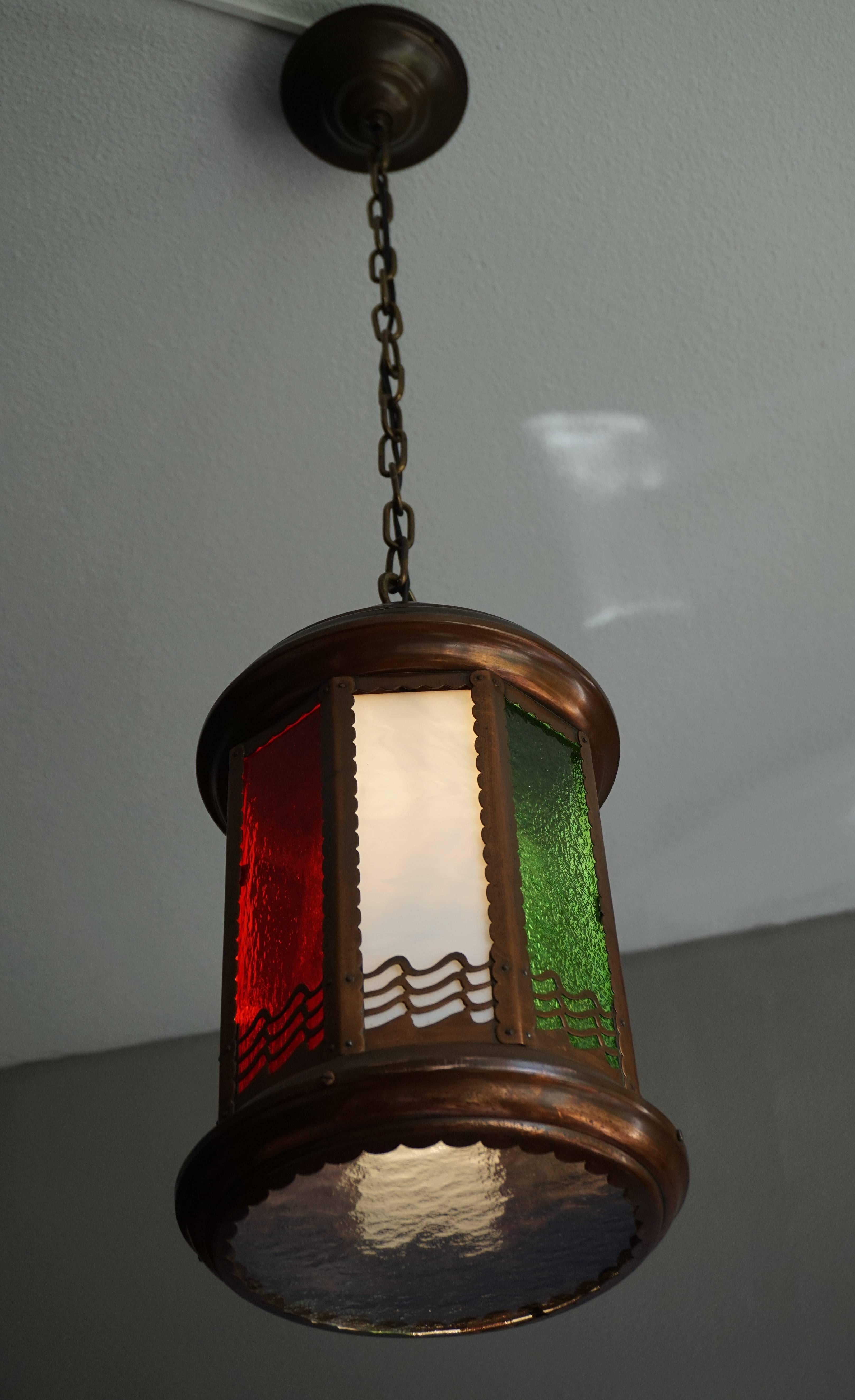 Hand-Crafted Arts and Crafts Copper and Byzantine Glass Pendant Light / Unique Hall Lantern