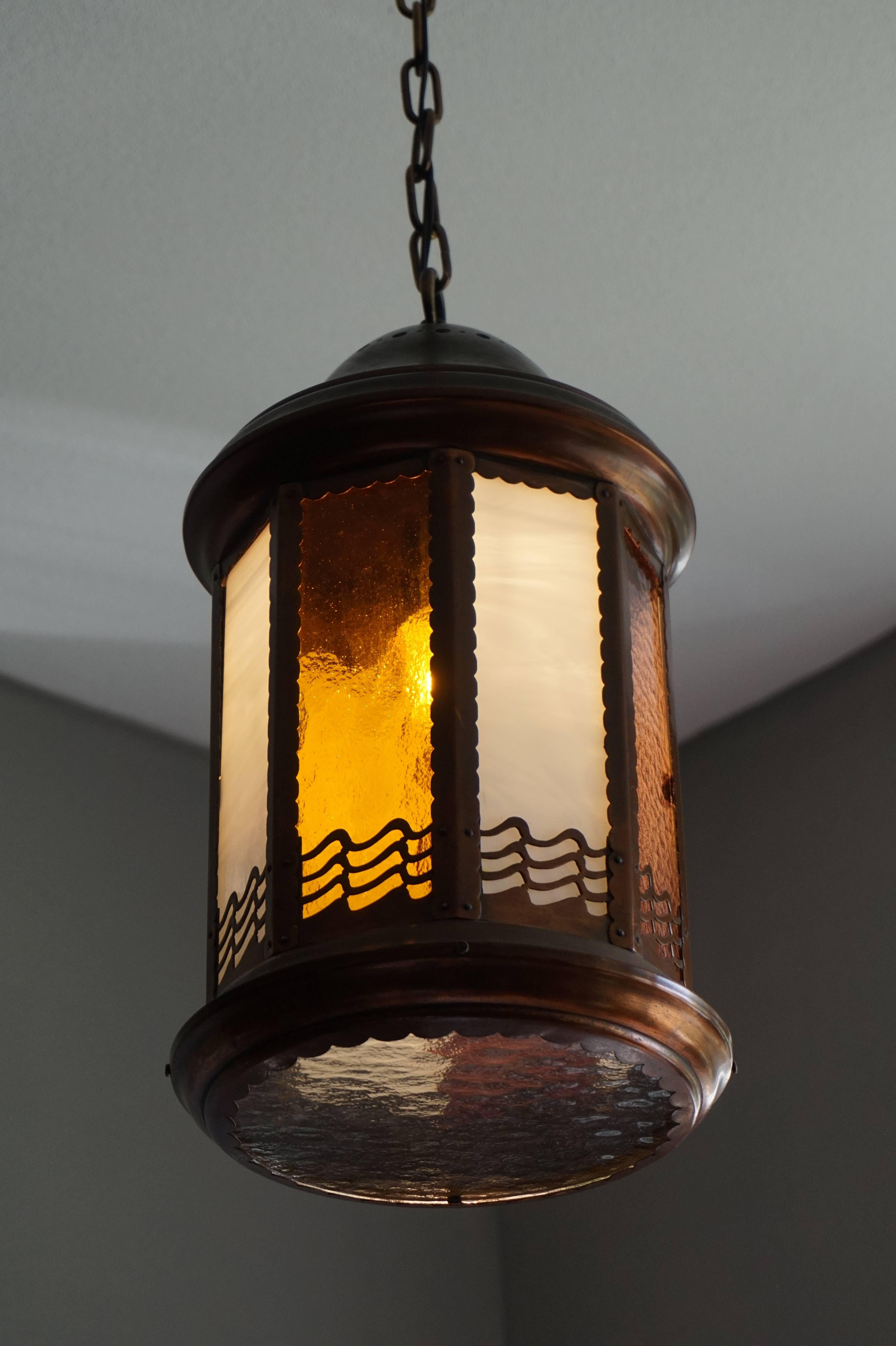 Dutch Arts and Crafts Copper and Byzantine Glass Pendant Light / Unique Hall Lantern