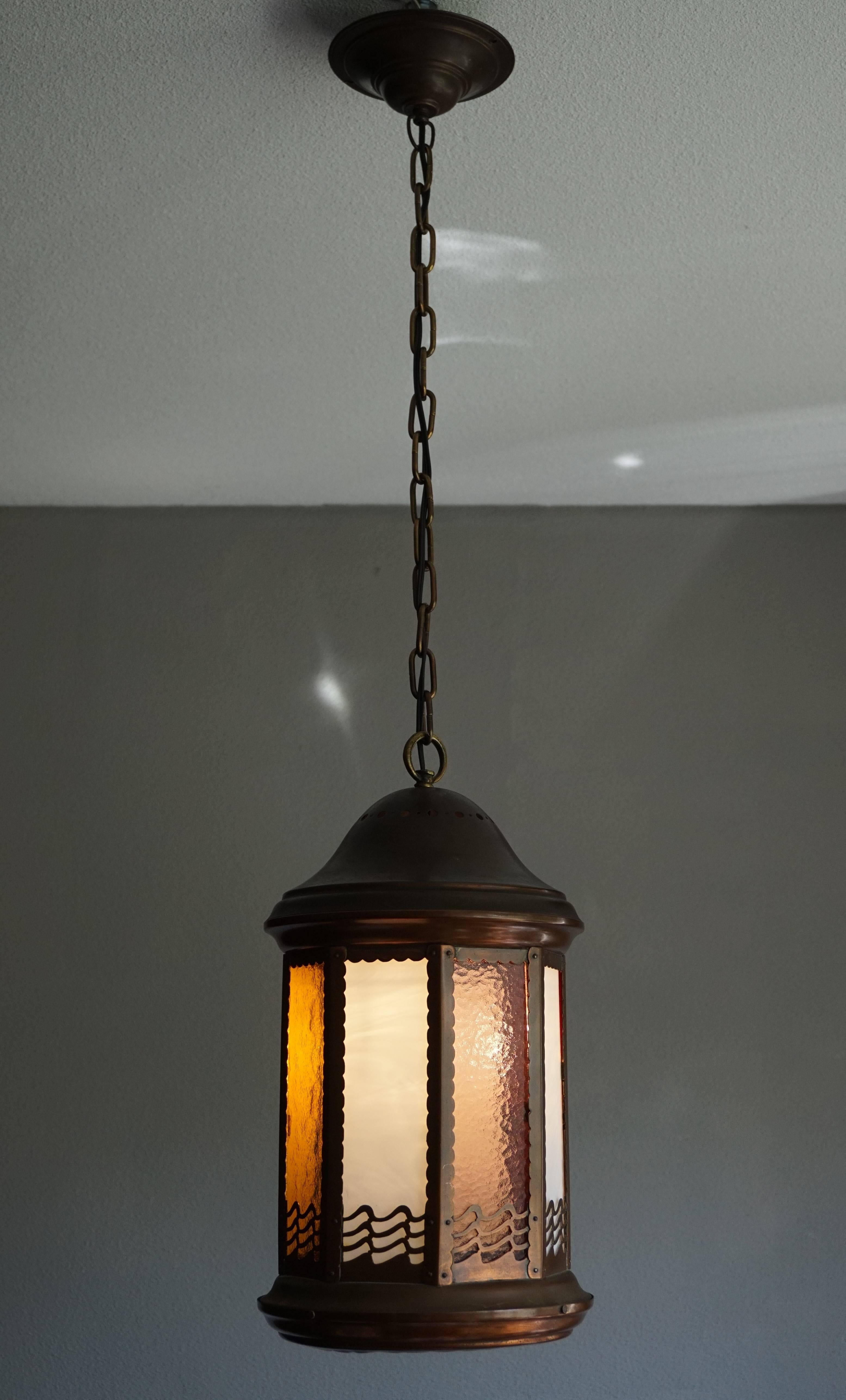 Arts and Crafts Copper and Byzantine Glass Pendant Light / Unique Hall Lantern In Excellent Condition In Lisse, NL