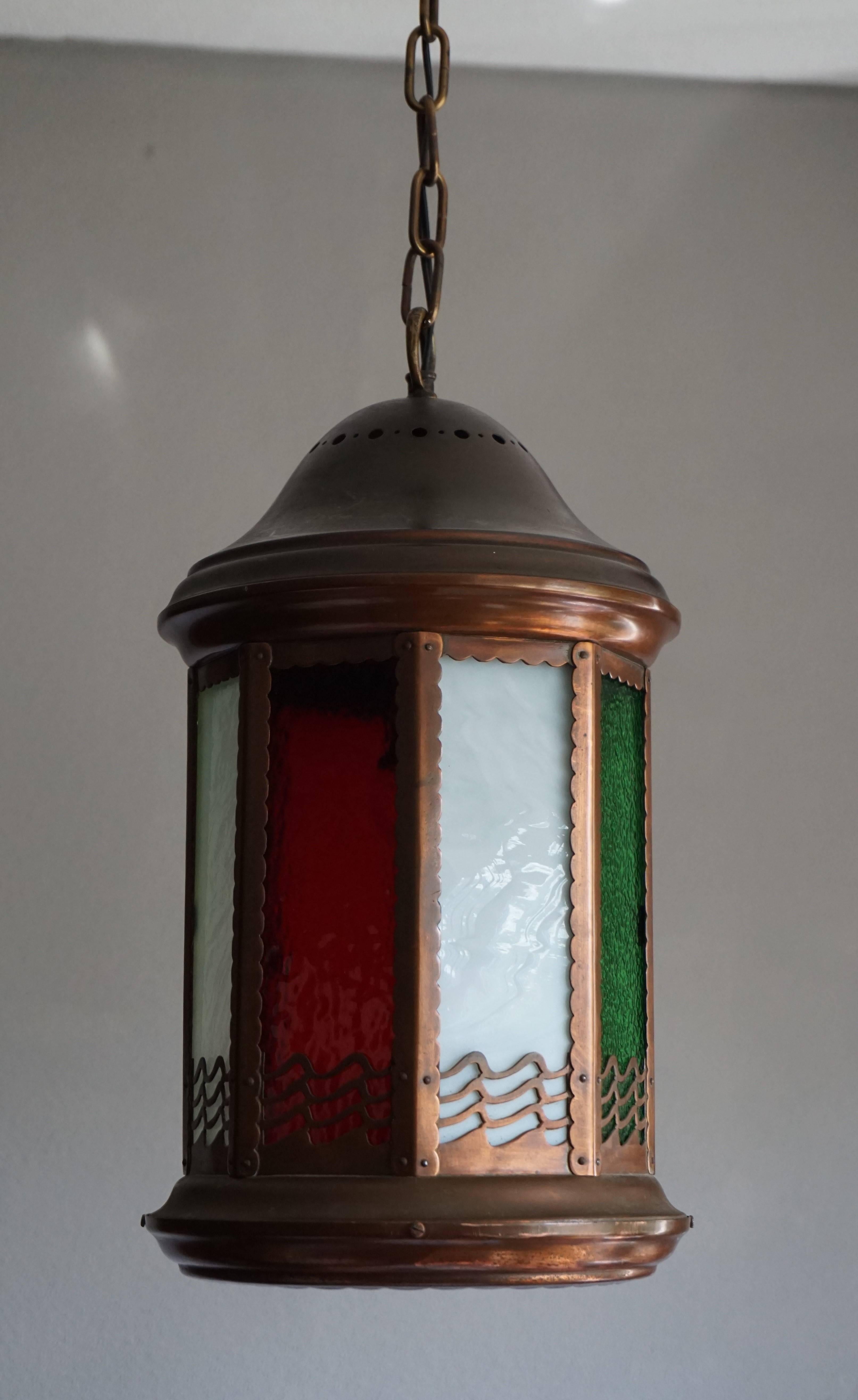 Arts and Crafts Copper and Byzantine Glass Pendant Light / Unique Hall Lantern 1