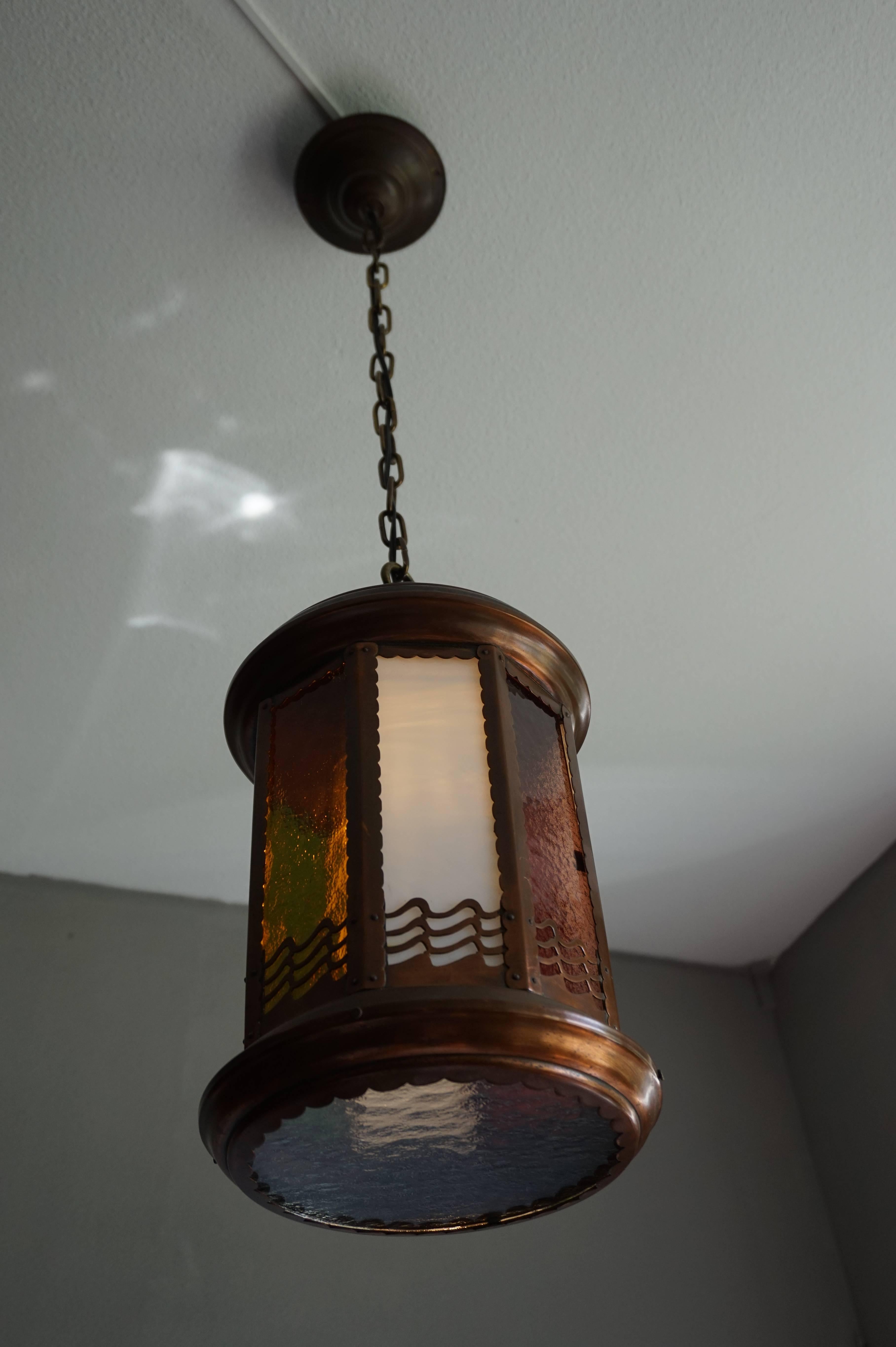 Arts and Crafts Copper and Byzantine Glass Pendant Light / Unique Hall Lantern 2