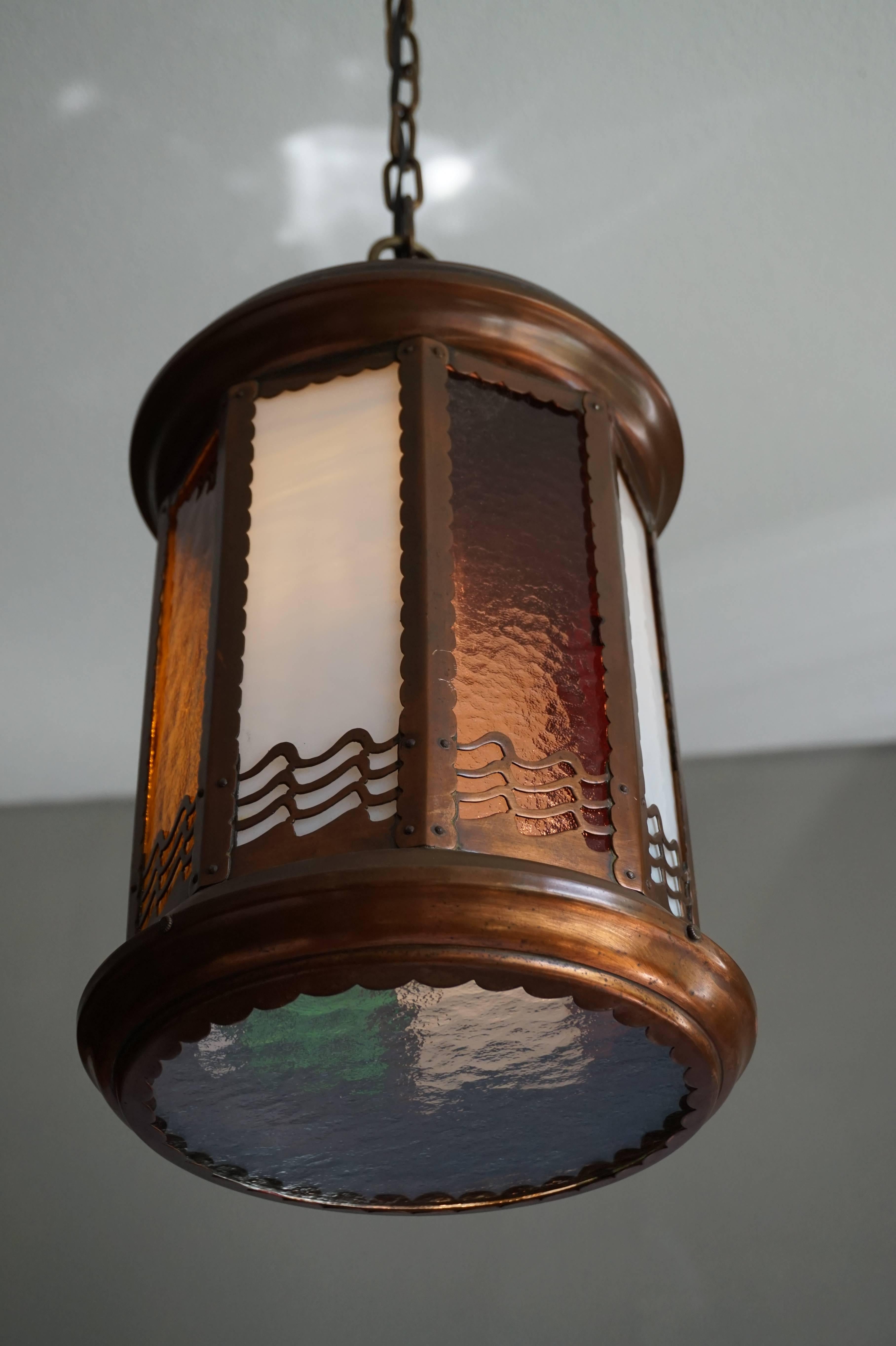 Arts and Crafts Copper and Byzantine Glass Pendant Light / Unique Hall Lantern 3