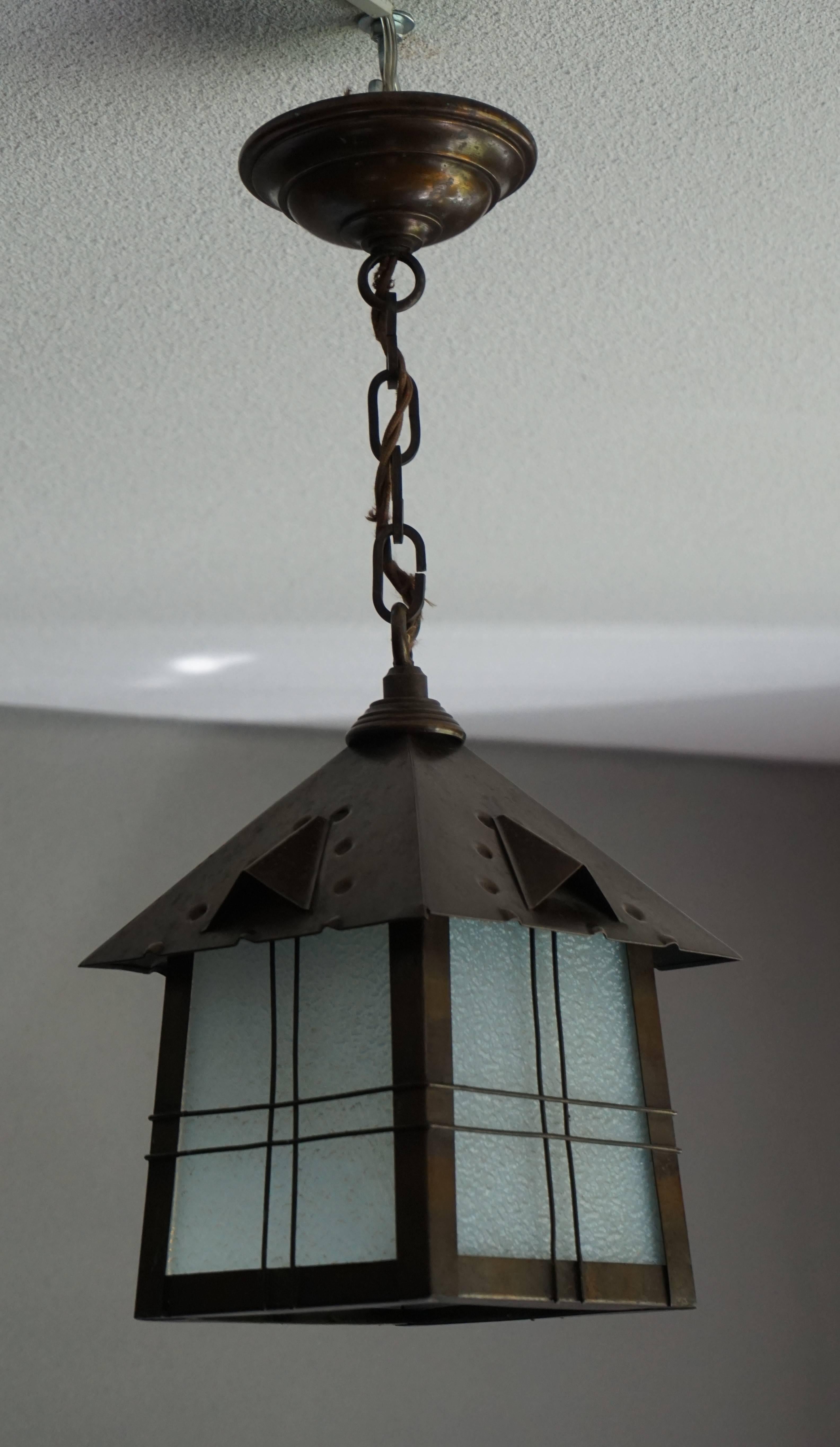 All Original Arts and Crafts Lantern Shape Pendant with Opalescent Blue Glass In Excellent Condition In Lisse, NL