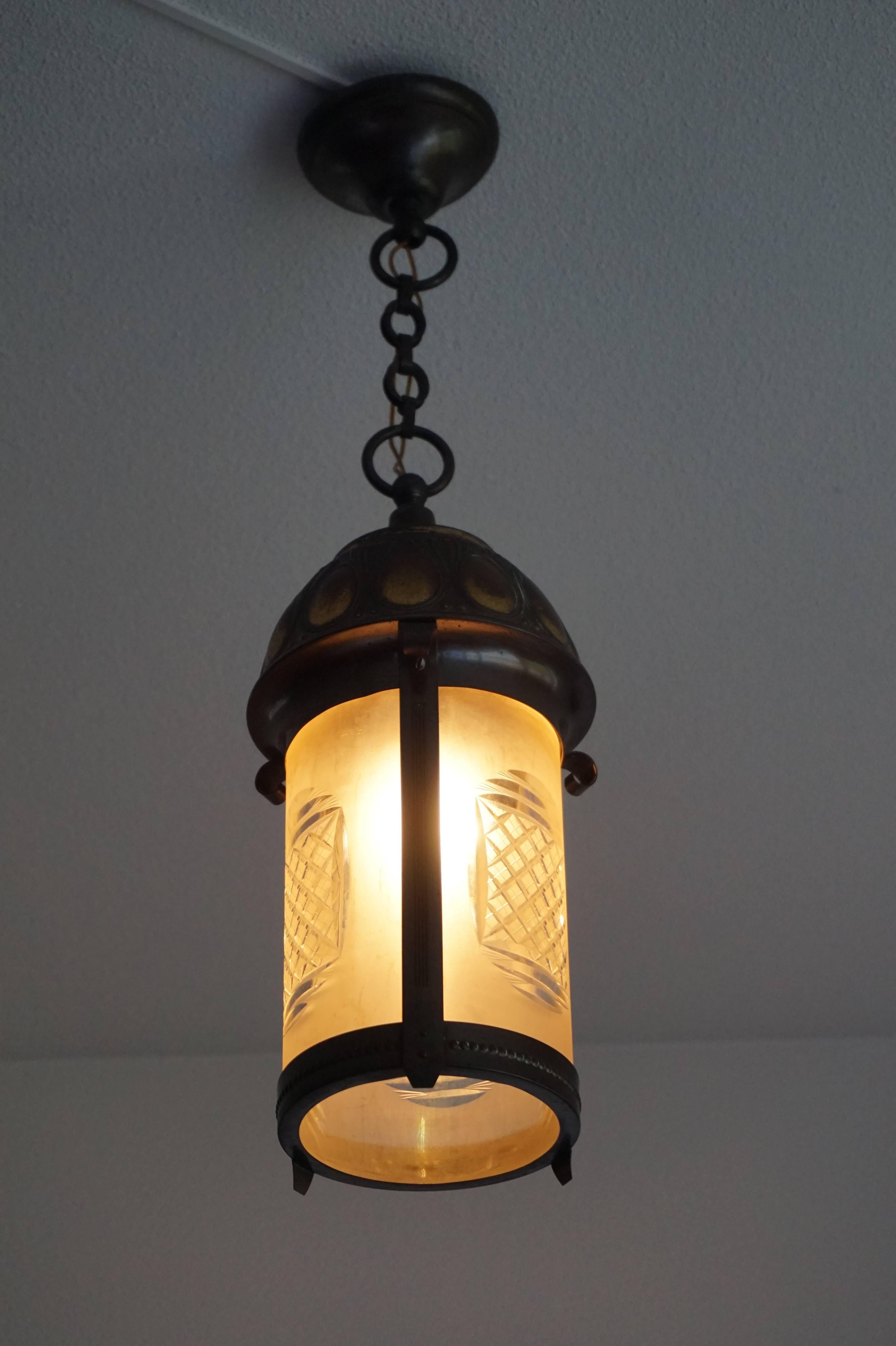 Rare and striking Art Nouveau pendant.

This stylish and lantern-like pendant is a joy to watch and it will create a beautiful atmosphere wherever you decide to use it. All hand-crafted in circa 1900 this rare light fixture has a wonderfully