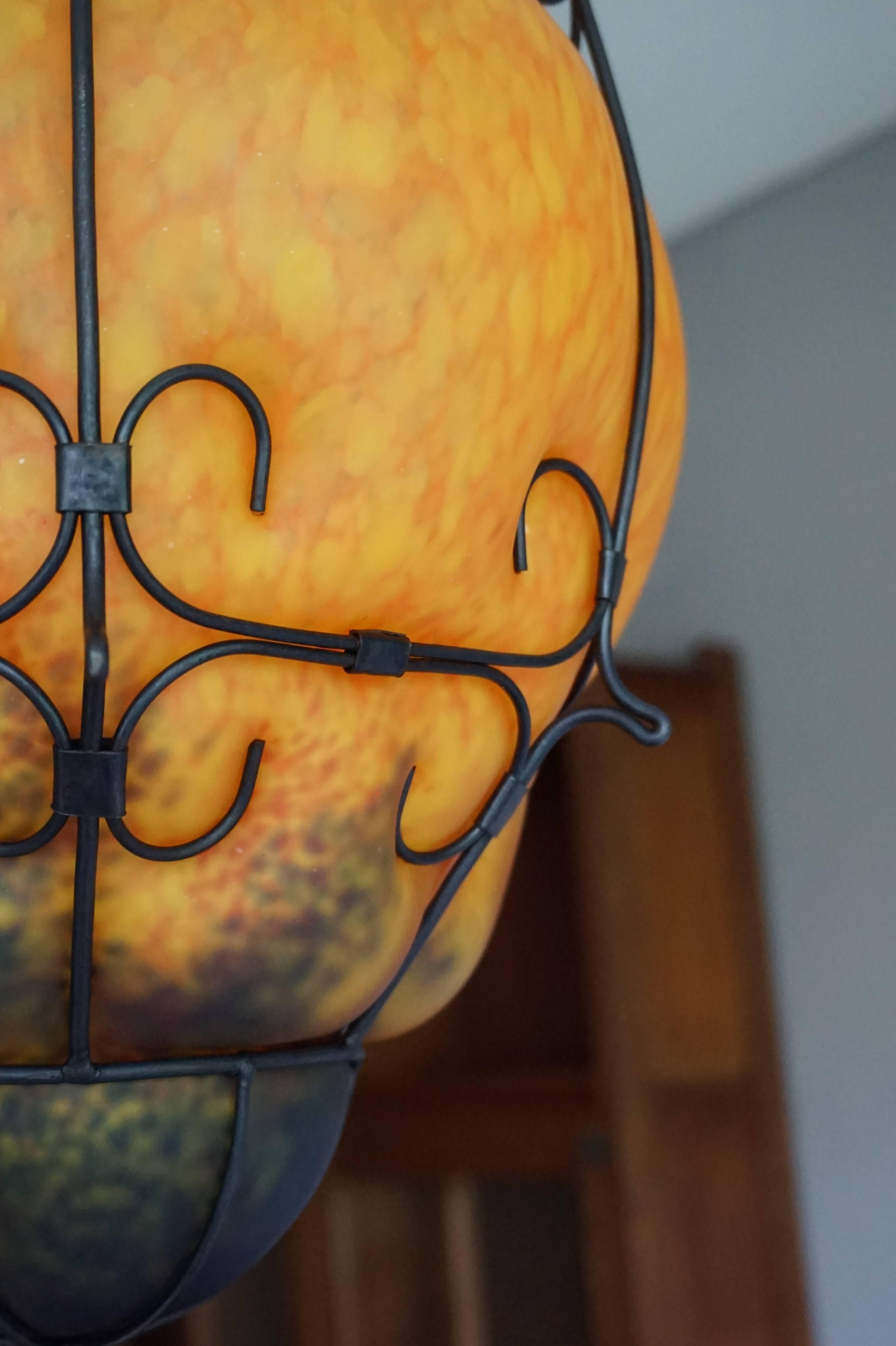 Striking Murano Pate de Verre Mouthblown Glass into Metal Frame Pendant Light For Sale 1