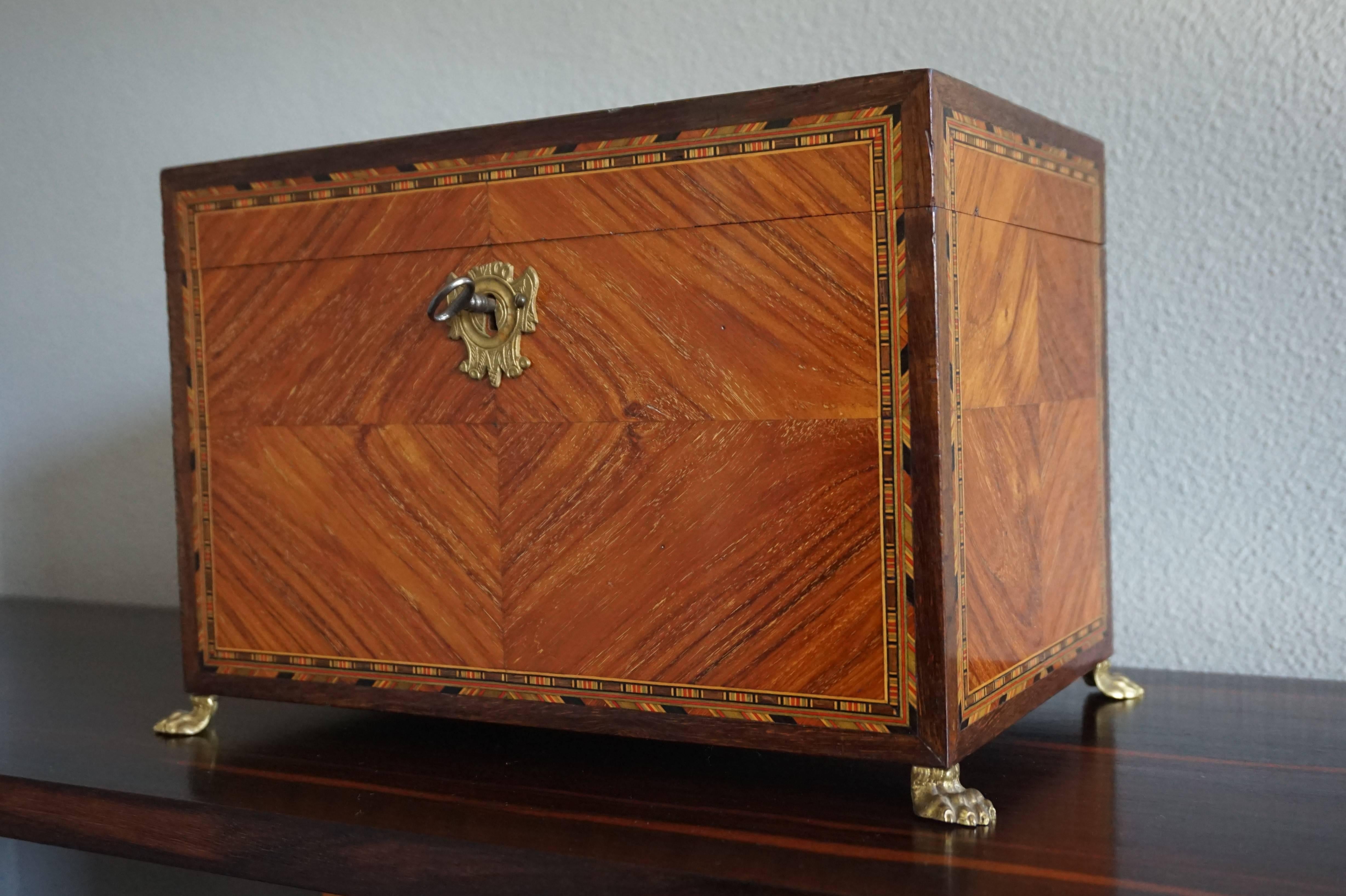 Cast Antique Kingwood & Marquetry Inlaid Neoclassical Revival Box on Bronze Claw Feet