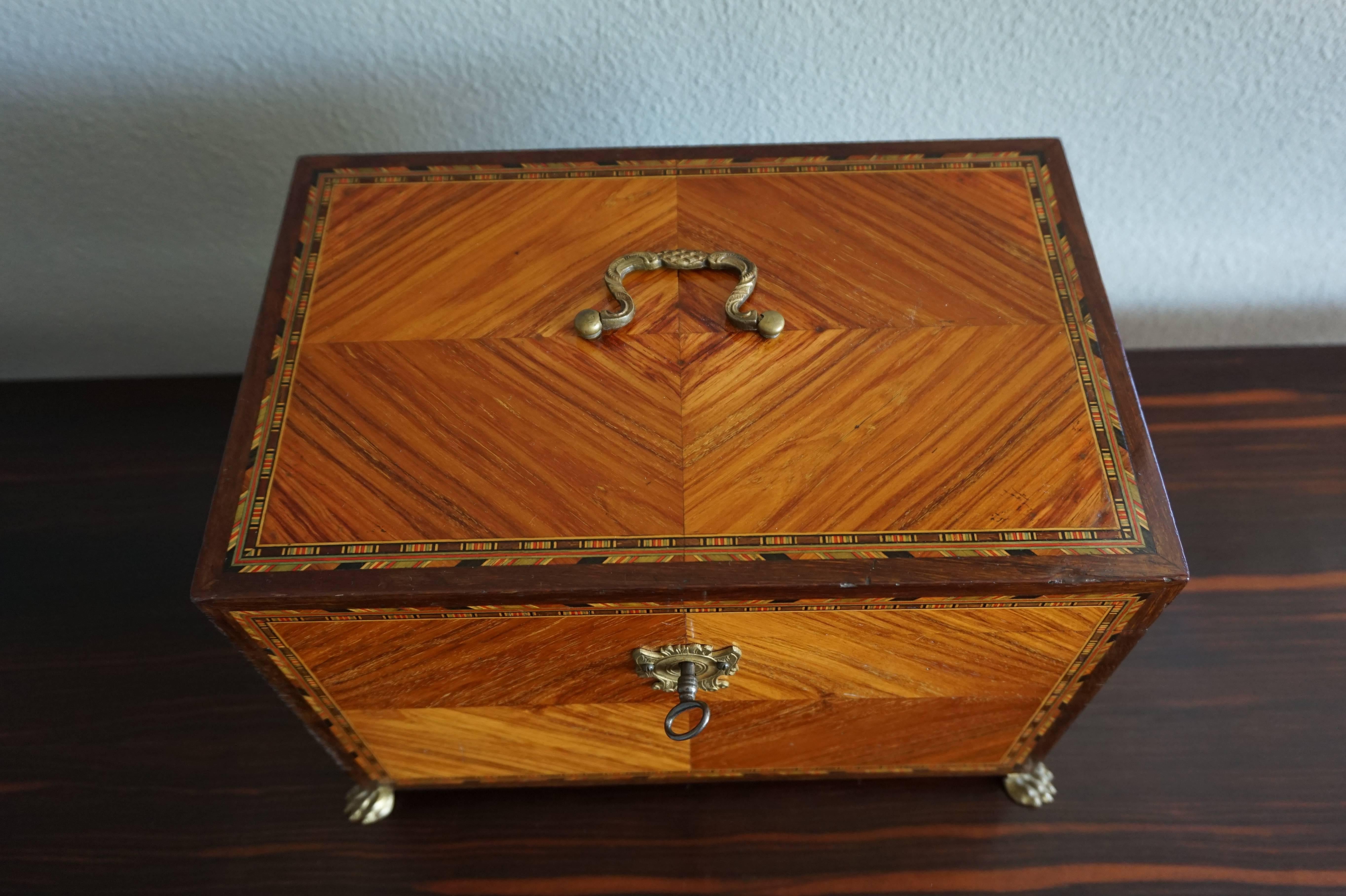European Antique Kingwood & Marquetry Inlaid Neoclassical Revival Box on Bronze Claw Feet