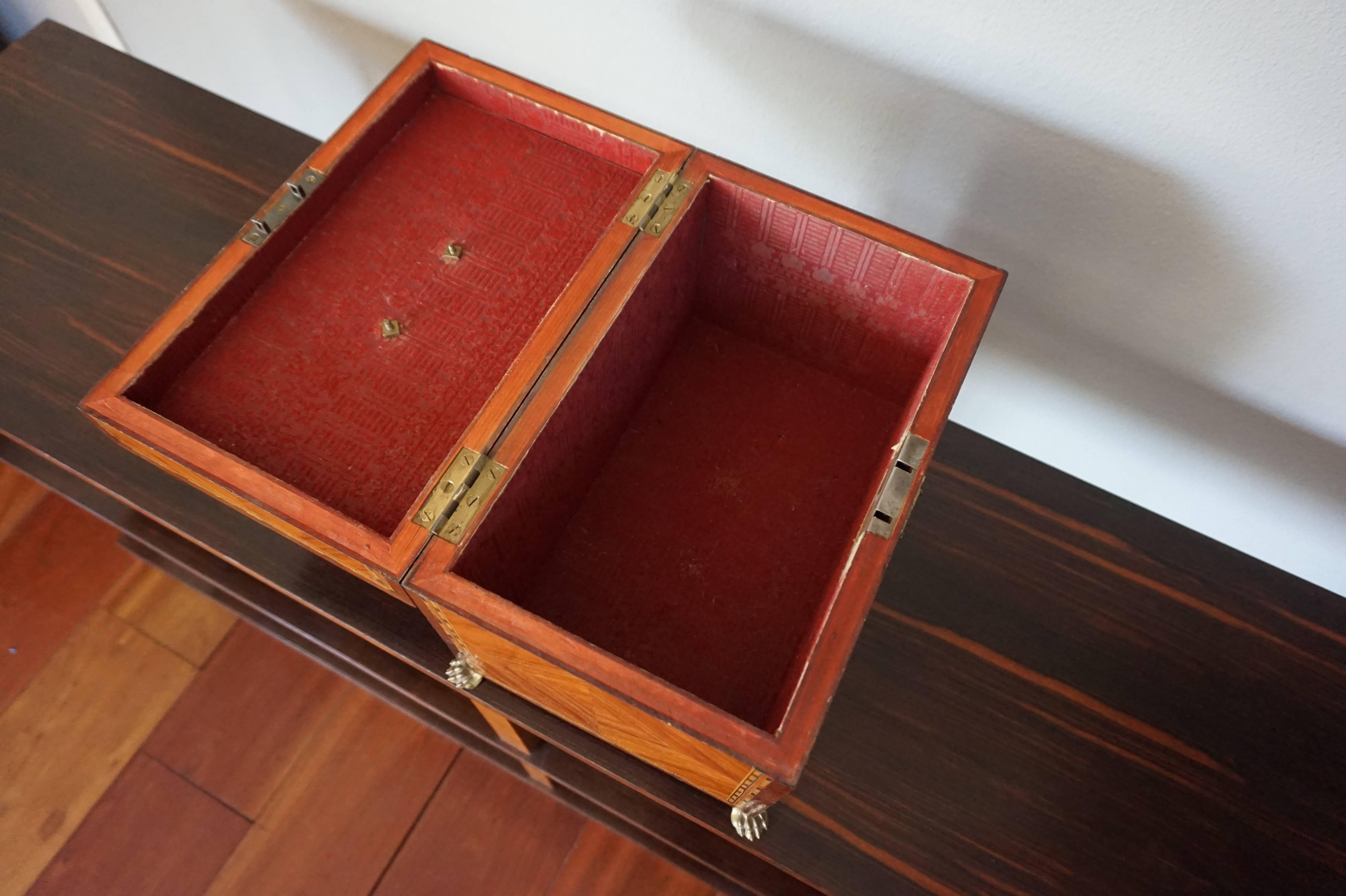 19th Century Antique Kingwood & Marquetry Inlaid Neoclassical Revival Box on Bronze Claw Feet