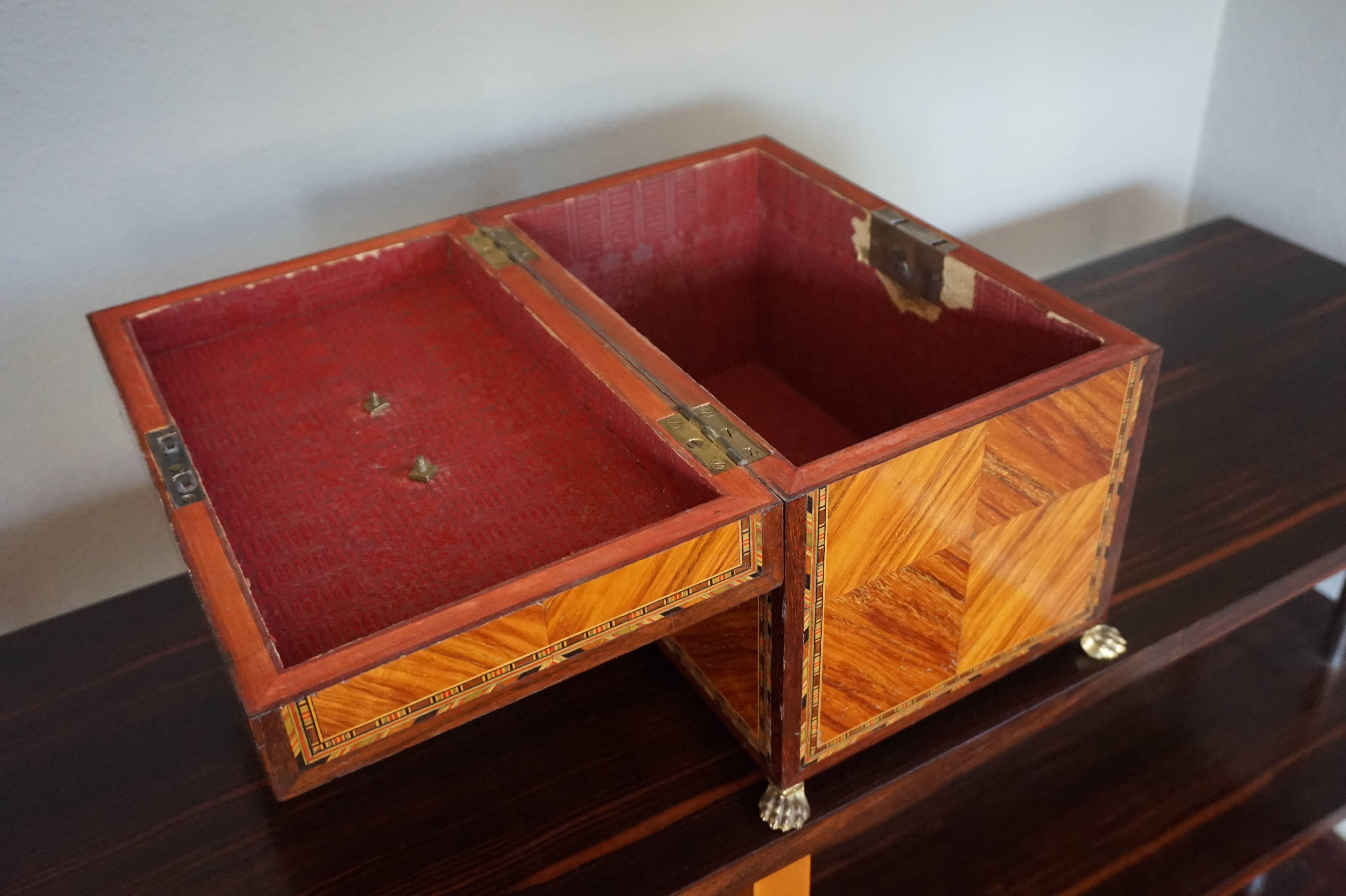 Antique Kingwood & Marquetry Inlaid Neoclassical Revival Box on Bronze Claw Feet 1