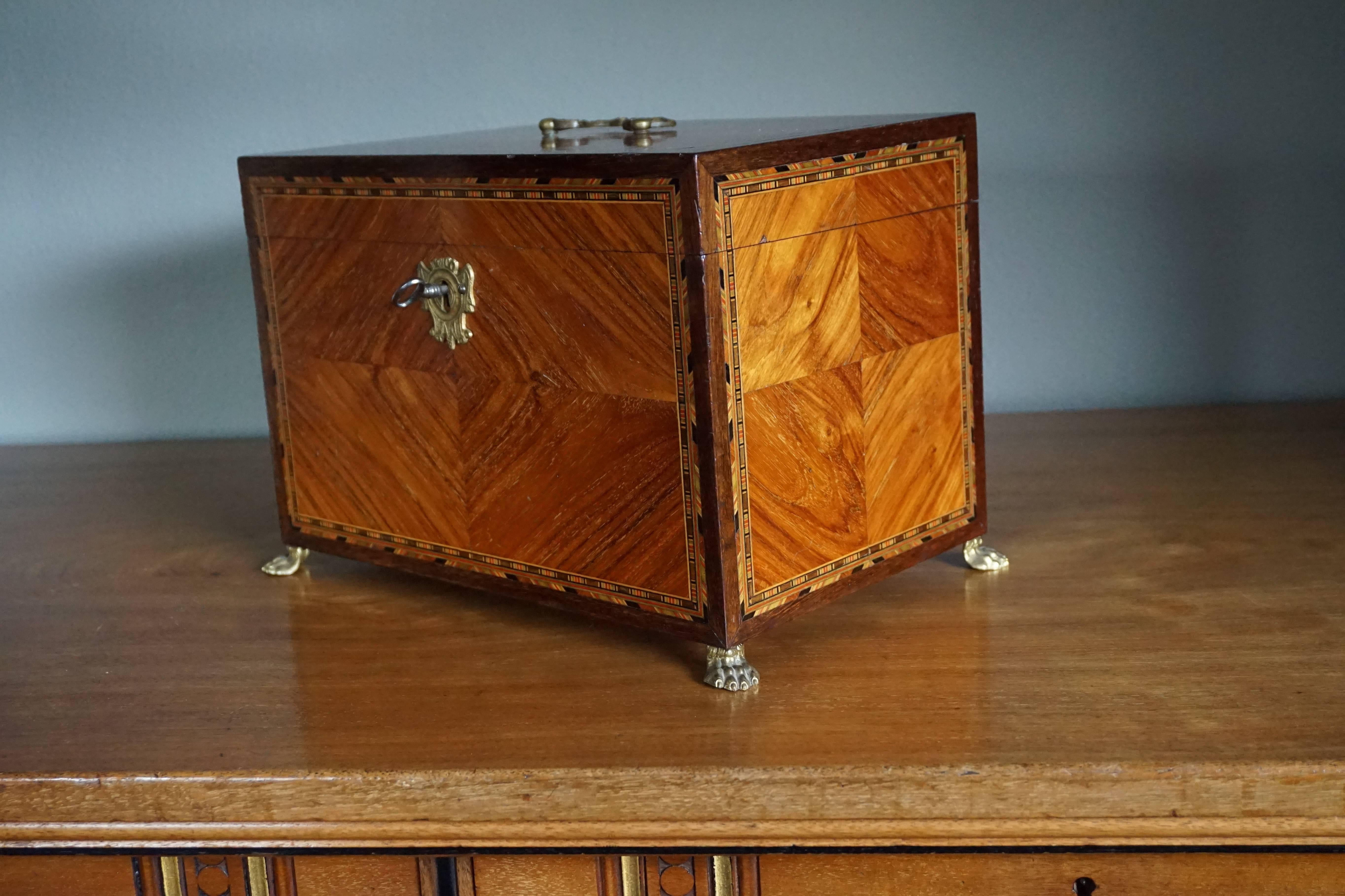 Antique Kingwood & Marquetry Inlaid Neoclassical Revival Box on Bronze Claw Feet 2