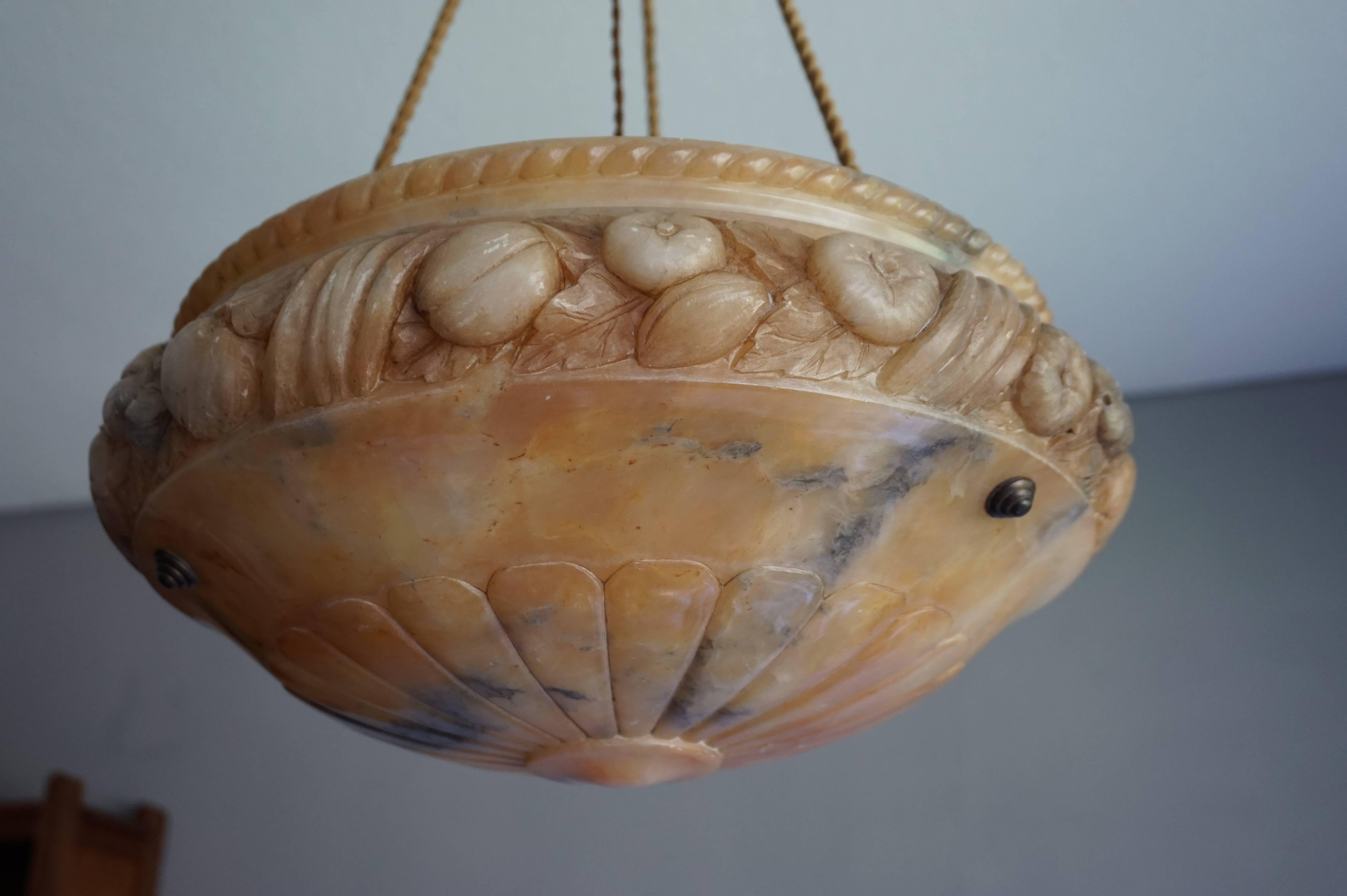 Antique and Thick Alabaster Pendant with Impressive Deep Hand-Carved Fruit Decor 3