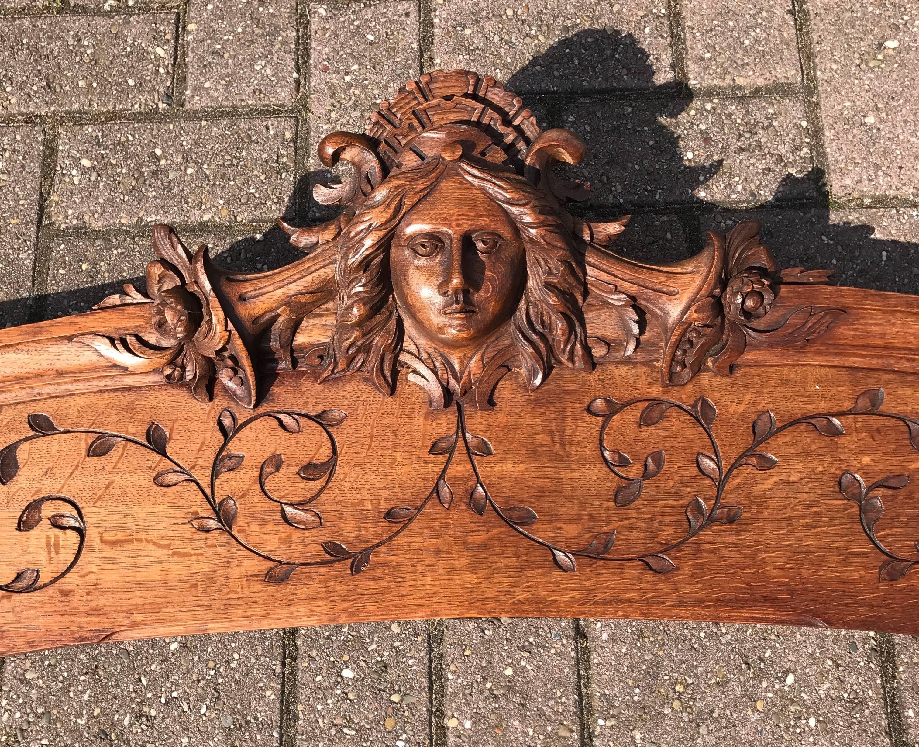 Large and stunning with female / goddess carving. 
 
This rare and great quality Art Nouveau architectural piece is another one of our handcrafted offerings from the turn of the century. This French over a door Pediment is beautifully carved and it