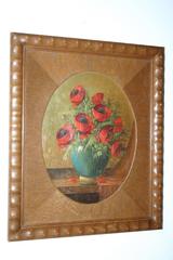 1920s Painting on Wood Poppy Bouquet in Vase in Art Deco Passe Partout Frame
