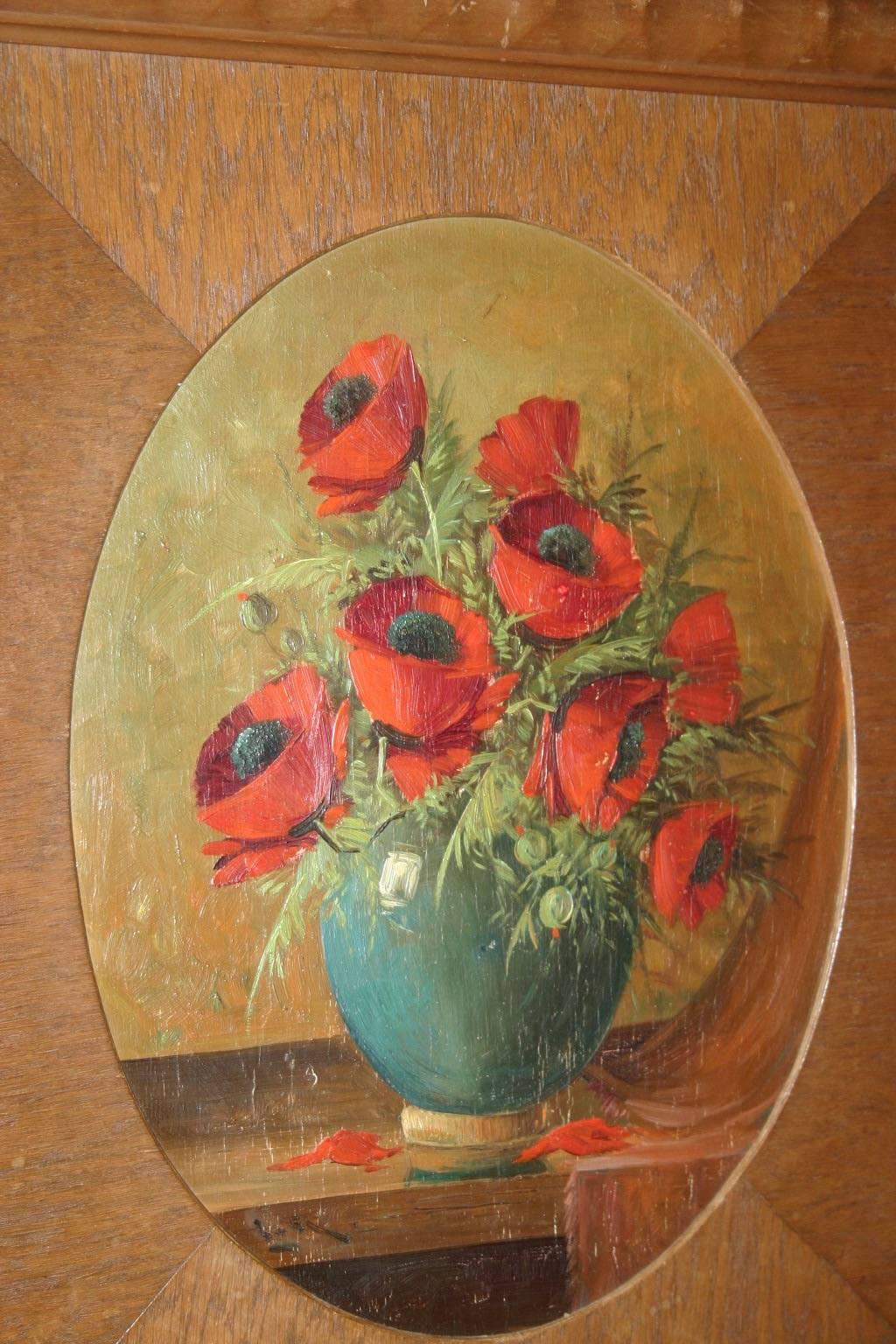 1920er Jahre Gemälde auf Holz Mohnblumenstrauß in Vase in Art Deco Passepartout-Rahmen (Niederländisch) im Angebot