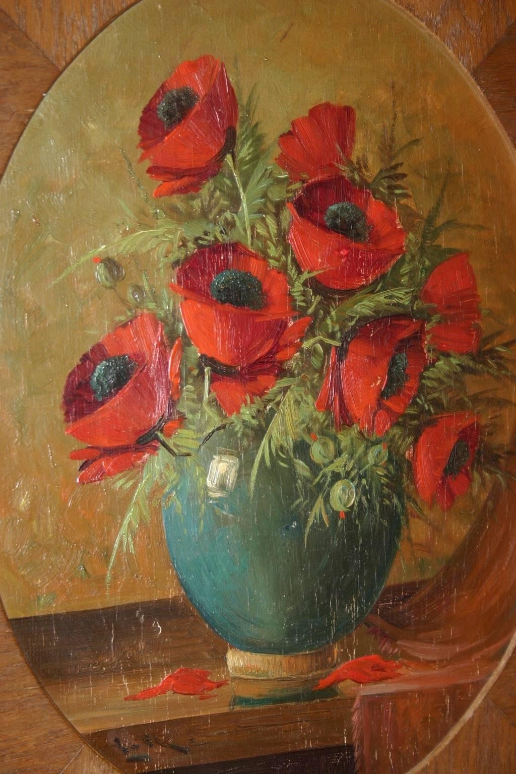 Fait main Peinture sur bois des années 1920 représentant un bouquet de coqs dans un vase dans un cadre passe-partout Art Déco en vente