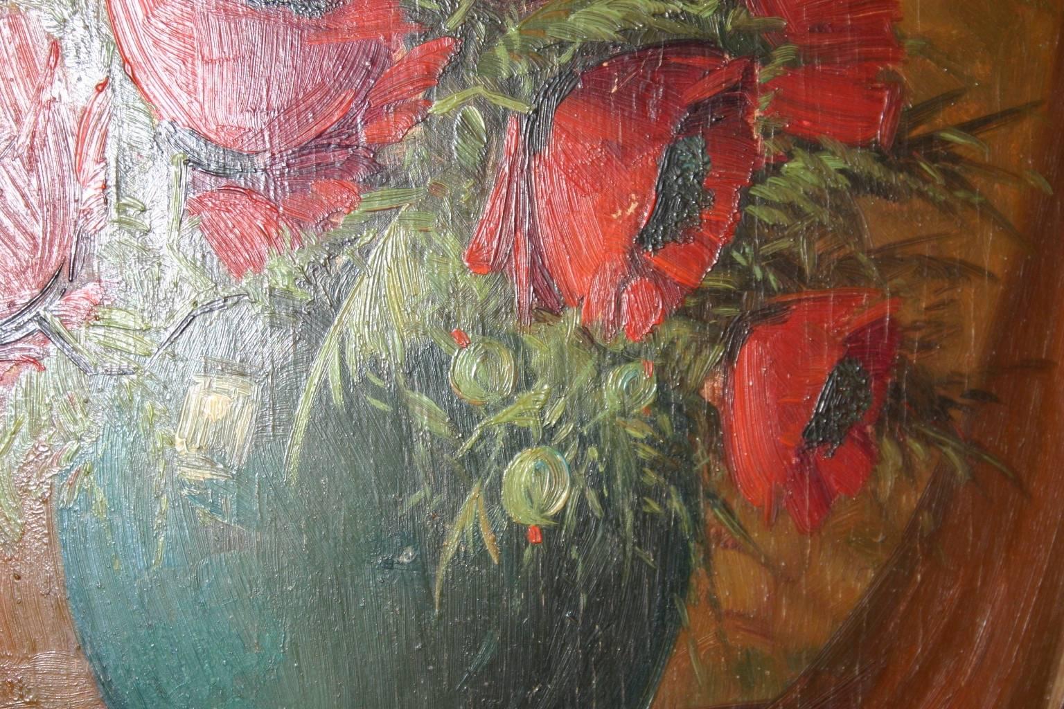 Dutch 1920s Painting on Wood Poppy Bouquet in Vase in Art Deco Passe Partout Frame For Sale