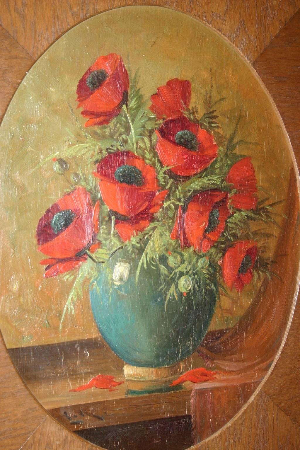 1920s Painting on Wood Poppy Bouquet in Vase in Art Deco Passe Partout Frame In Excellent Condition For Sale In Lisse, NL